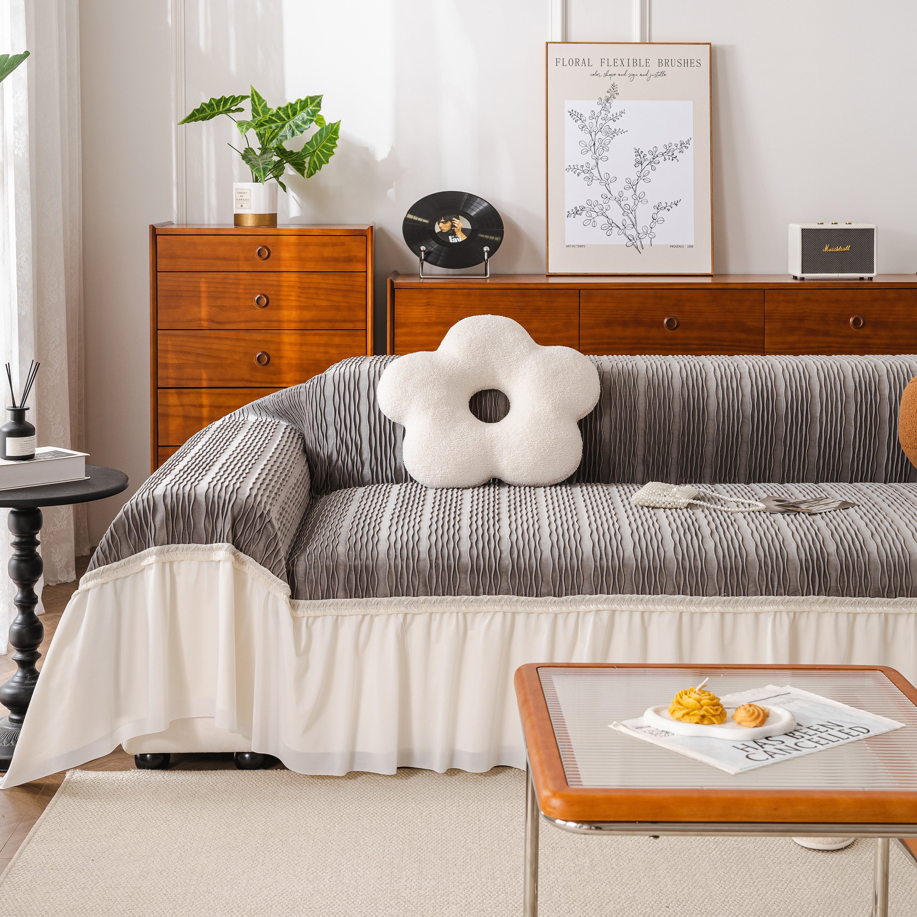Soft Warm Flannel Couch Cover Throw Blanket With French Flounce, Beautiful Furniture Throws For Sofas