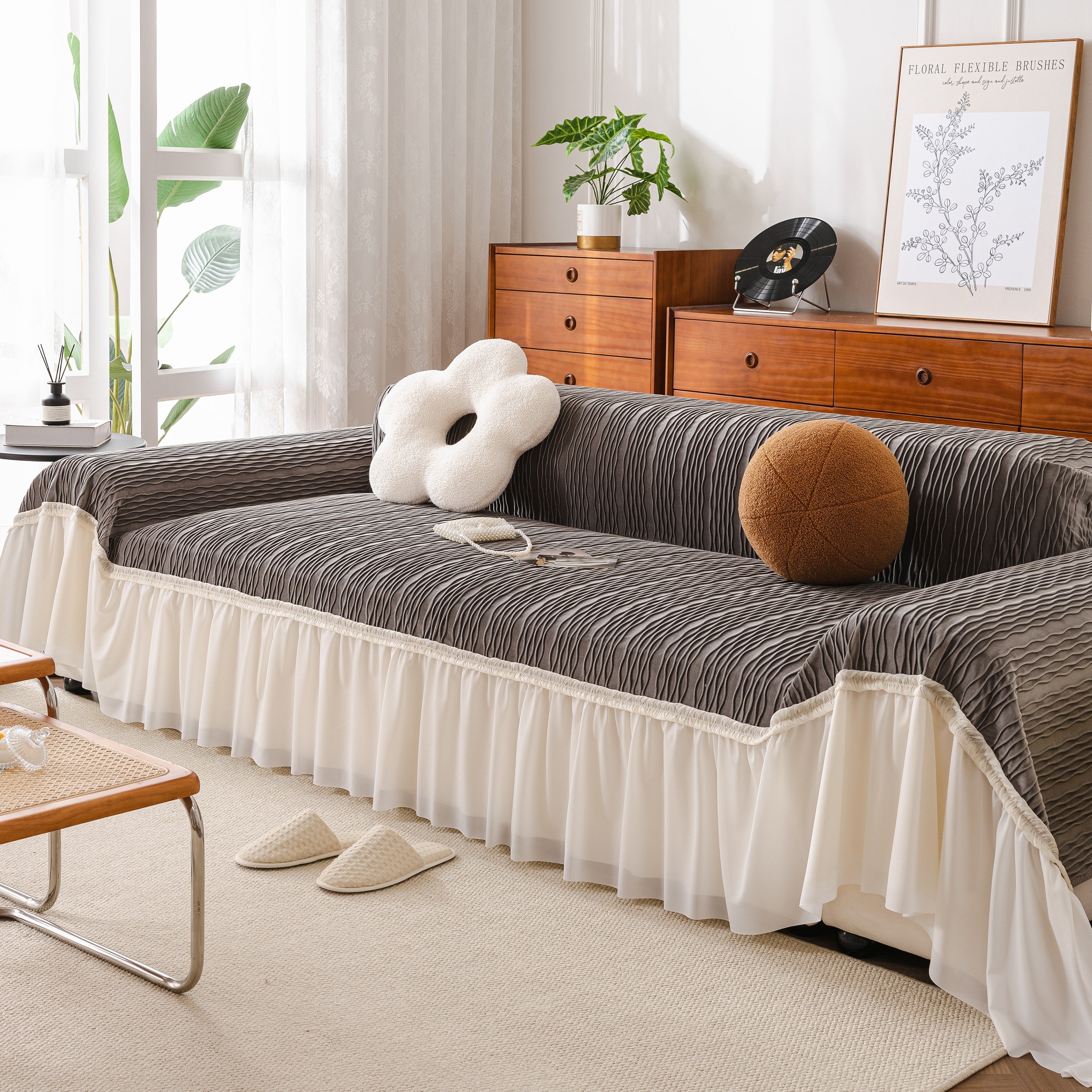 Soft Warm Flannel Couch Cover Throw Blanket With French Flounce, Beautiful Furniture Throws For Sofas