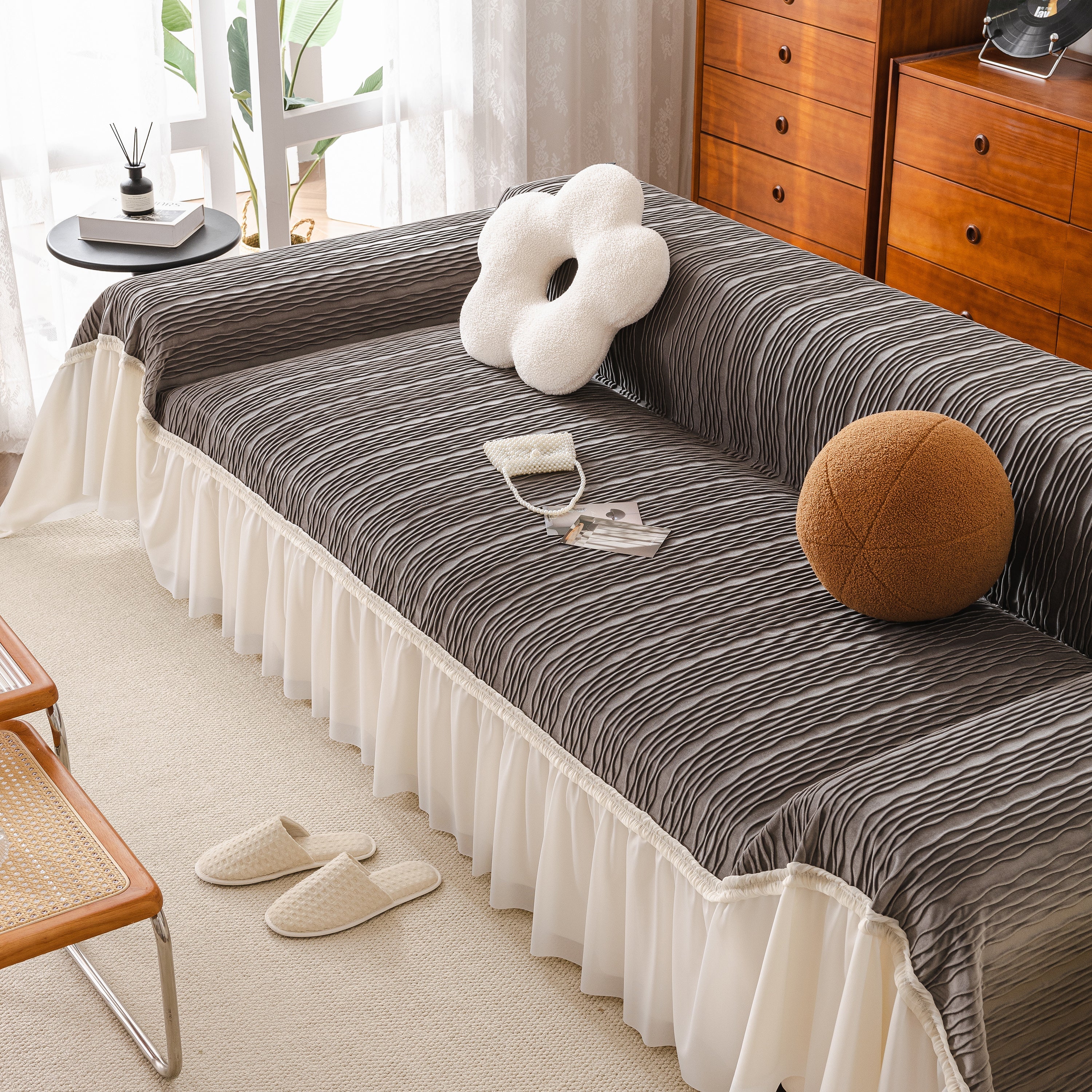Soft Warm Flannel Couch Cover Throw Blanket With French Flounce, Beautiful Furniture Throws For Sofas