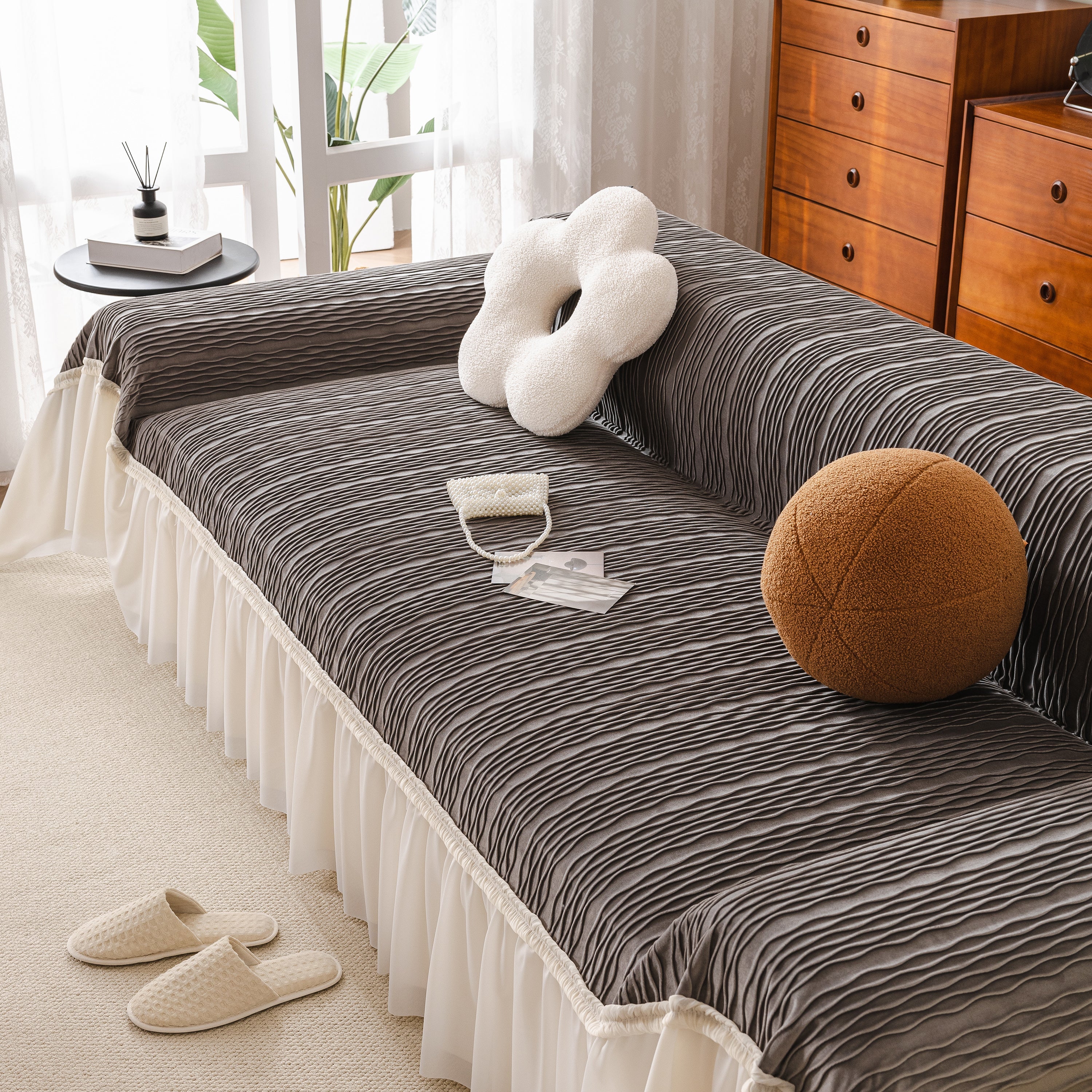 Soft Warm Flannel Couch Cover Throw Blanket With French Flounce, Beautiful Furniture Throws For Sofas