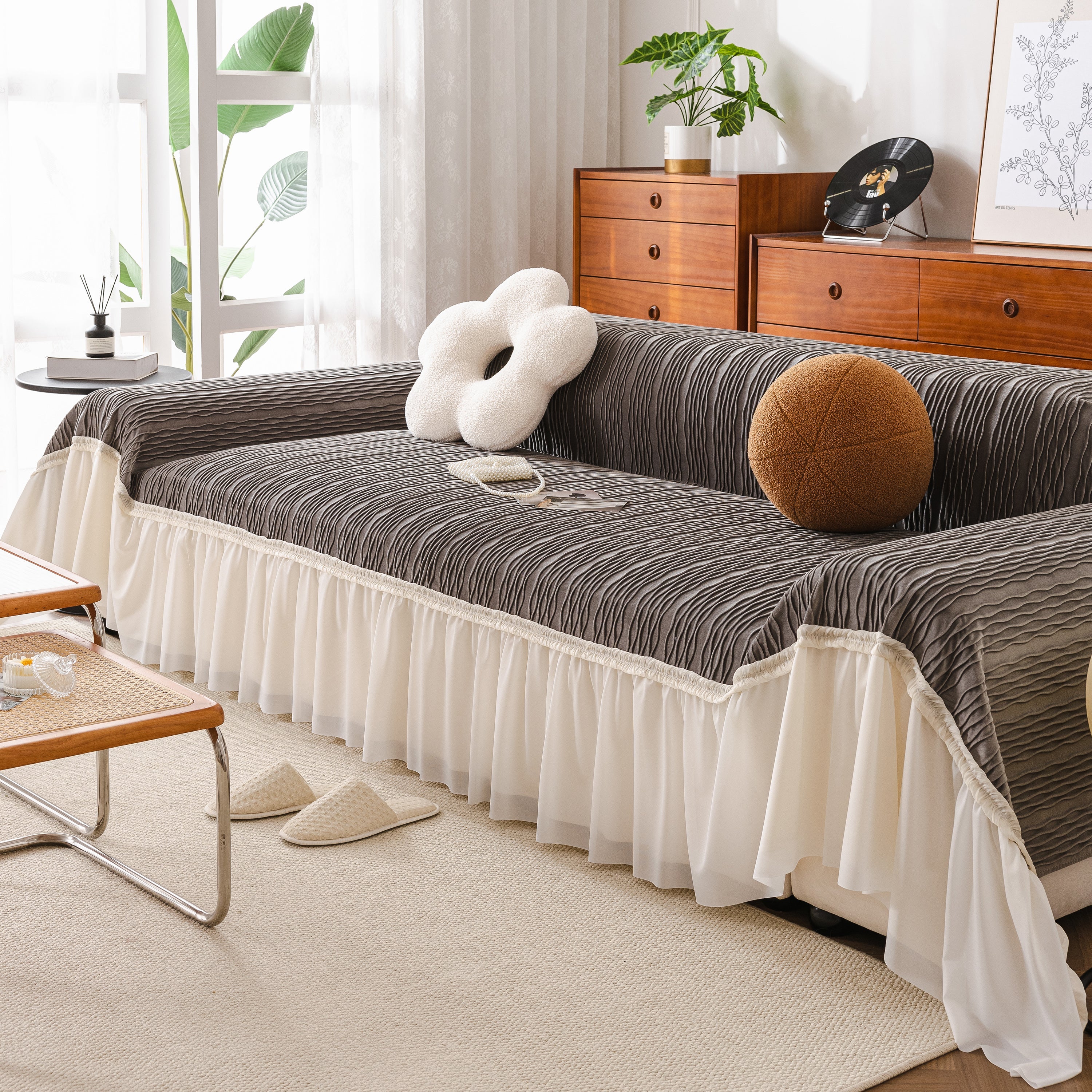 Soft Warm Flannel Couch Cover Throw Blanket With French Flounce, Beautiful Furniture Throws For Sofas