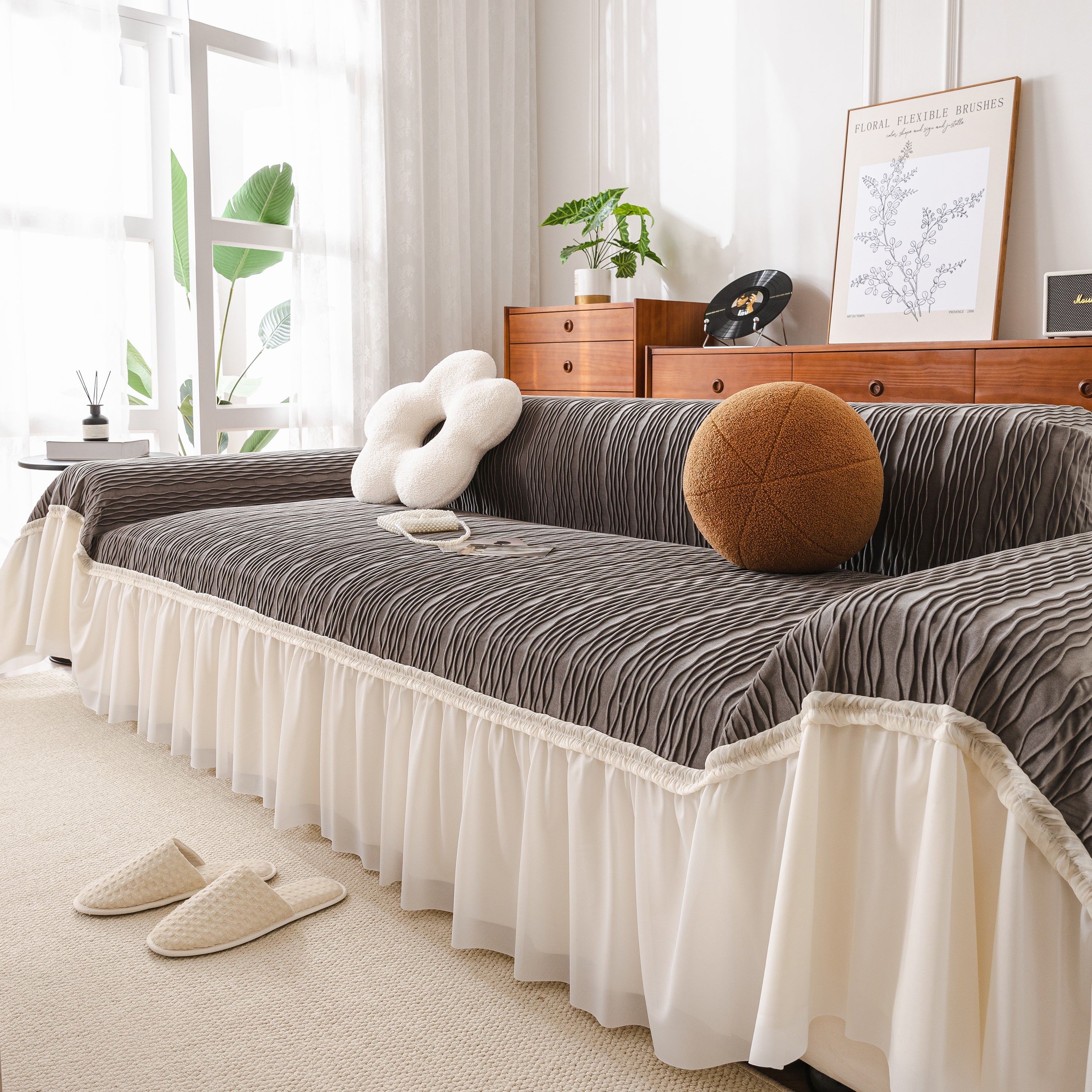 Soft Warm Flannel Couch Cover Throw Blanket With French Flounce, Beautiful Furniture Throws For Sofas