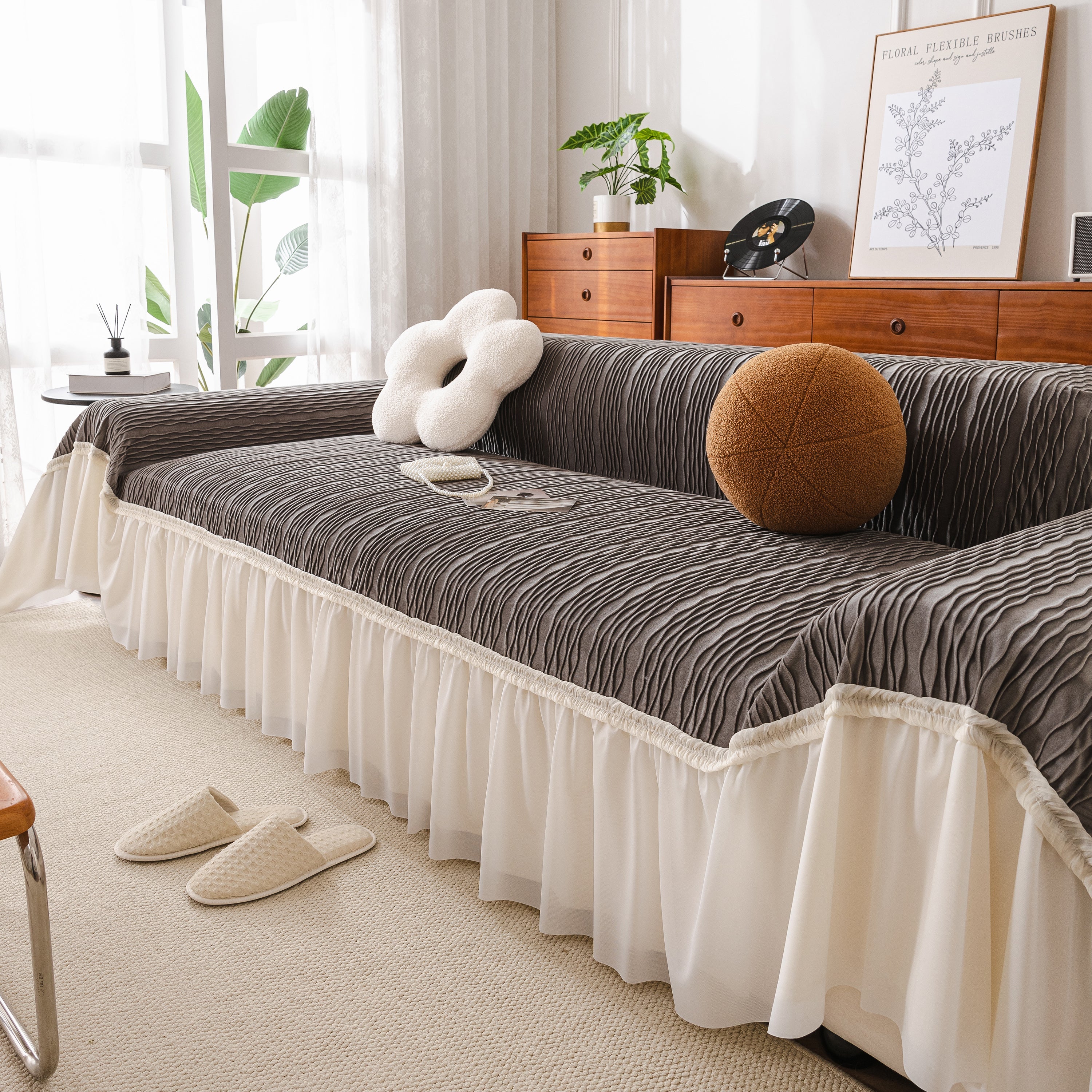 Soft Warm Flannel Couch Cover Throw Blanket With French Flounce, Beautiful Furniture Throws For Sofas