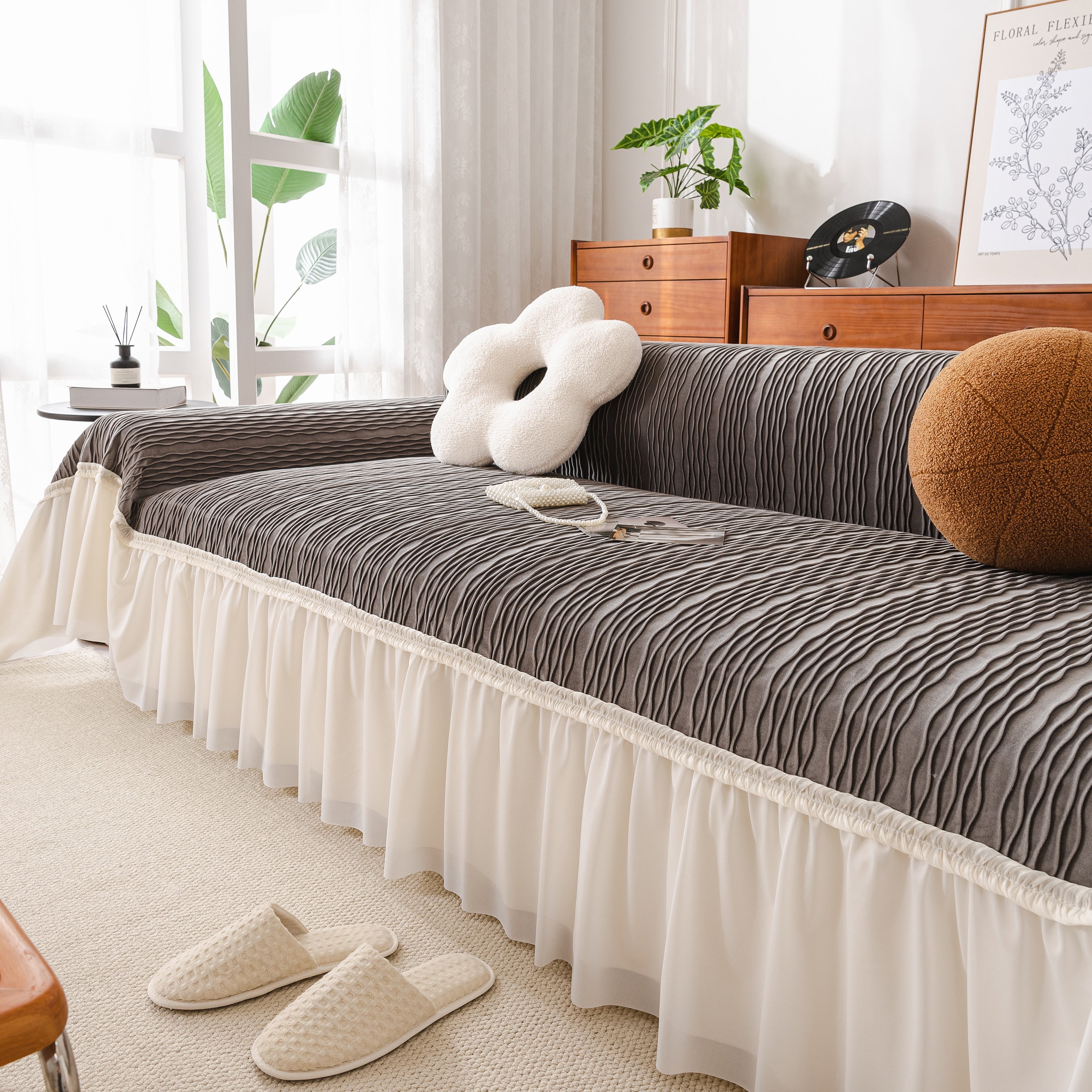 Soft Warm Flannel Couch Cover Throw Blanket With French Flounce, Beautiful Furniture Throws For Sofas