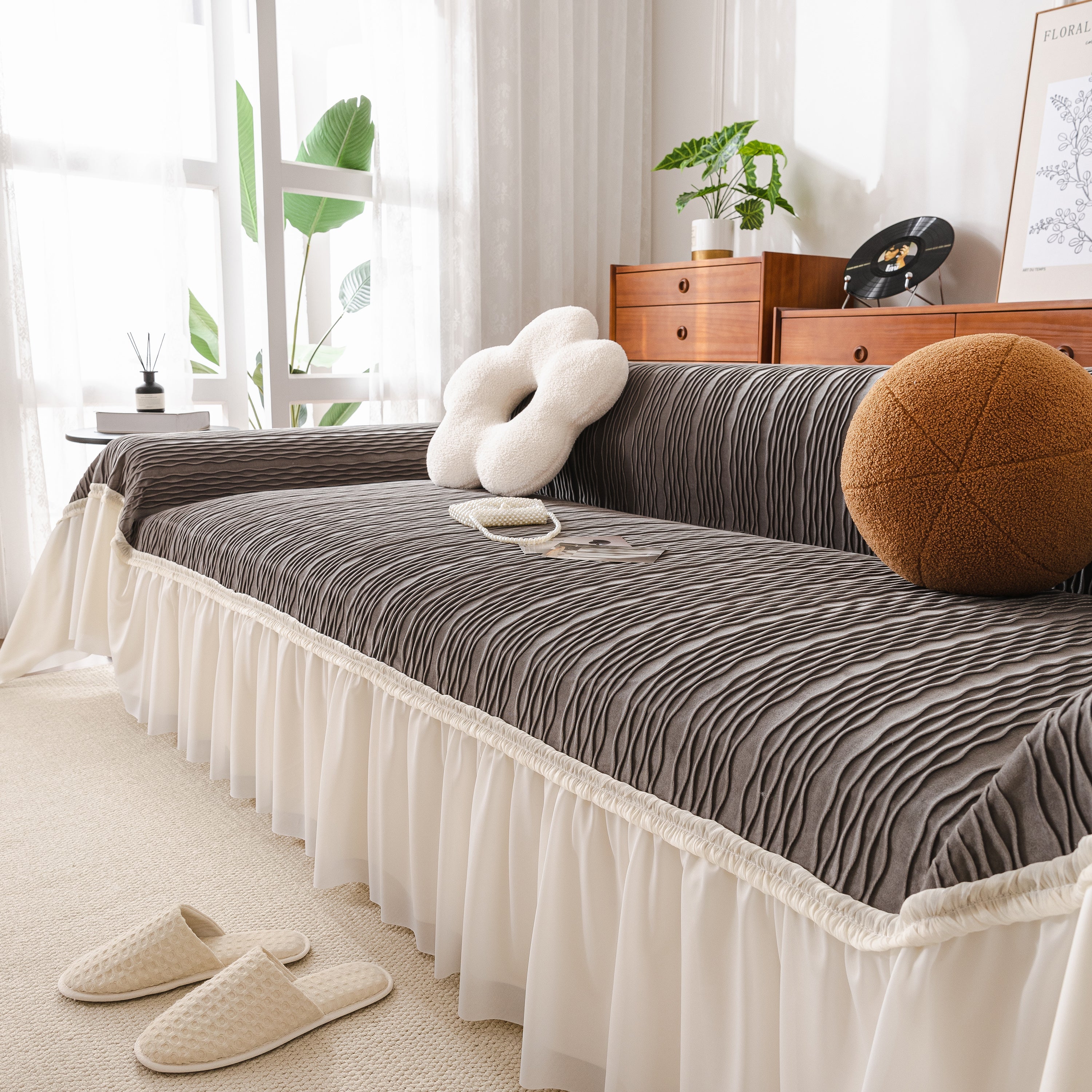 Soft Warm Flannel Couch Cover Throw Blanket With French Flounce, Beautiful Furniture Throws For Sofas