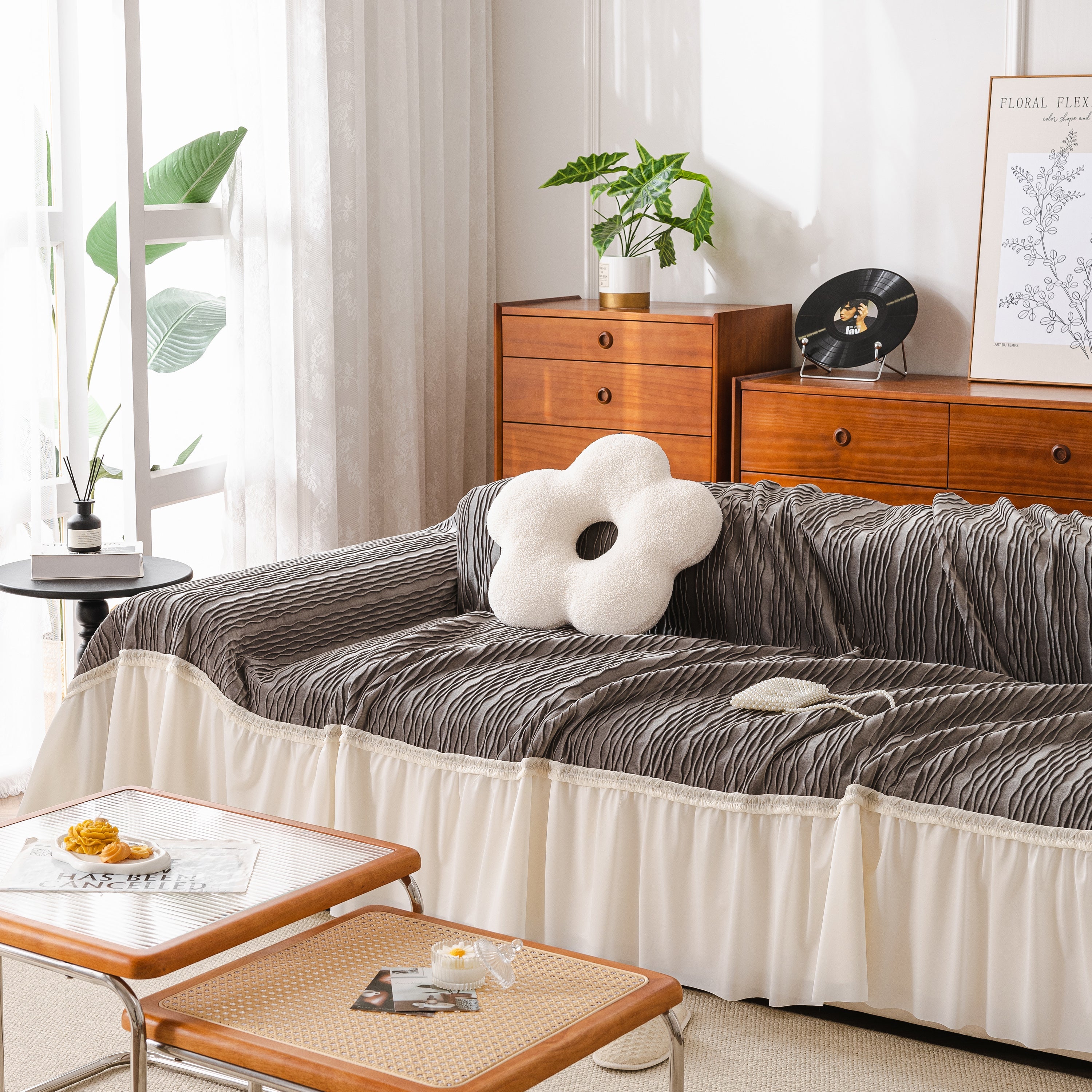 Soft Warm Flannel Couch Cover Throw Blanket With French Flounce, Beautiful Furniture Throws For Sofas