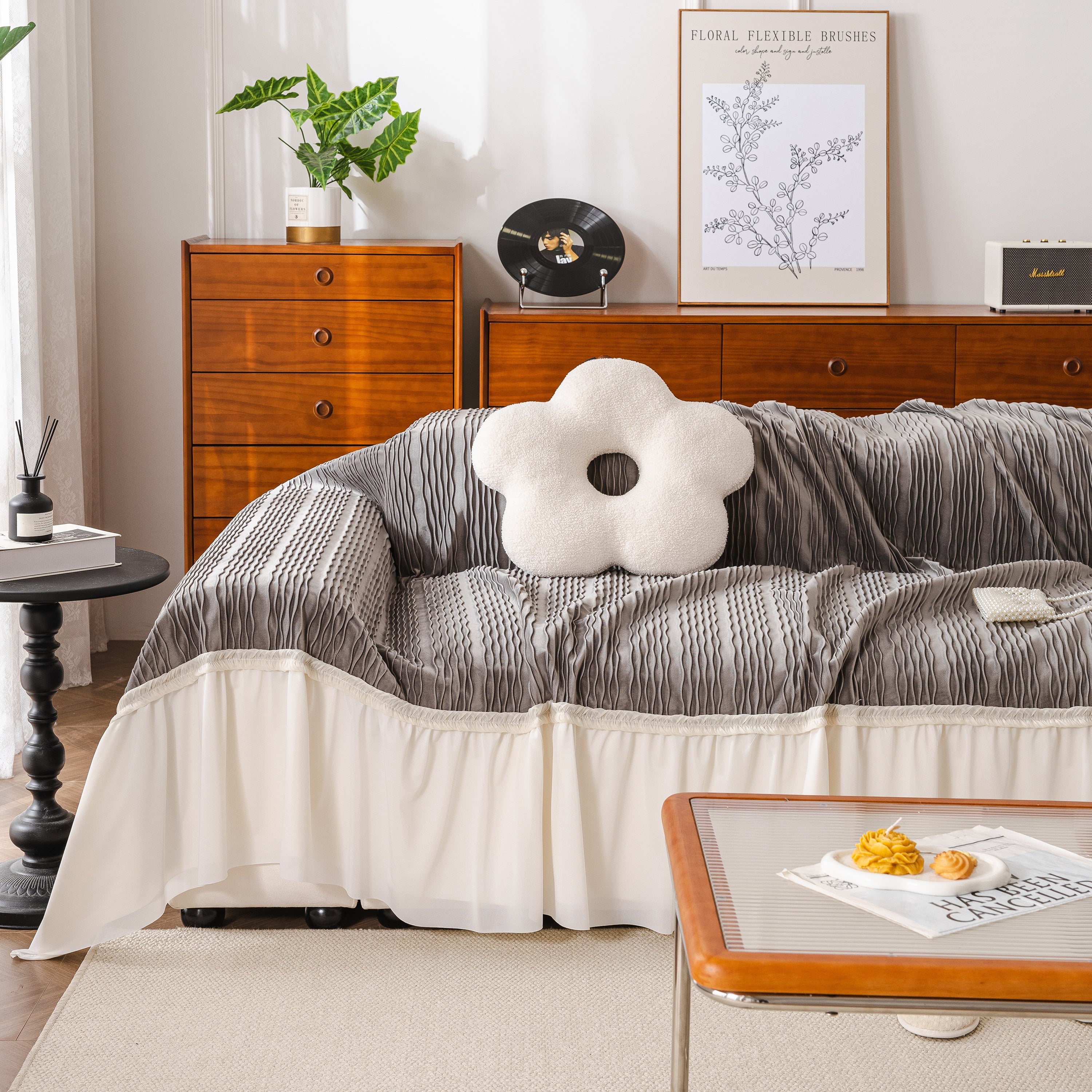 Soft Warm Flannel Couch Cover Throw Blanket With French Flounce, Beautiful Furniture Throws For Sofas