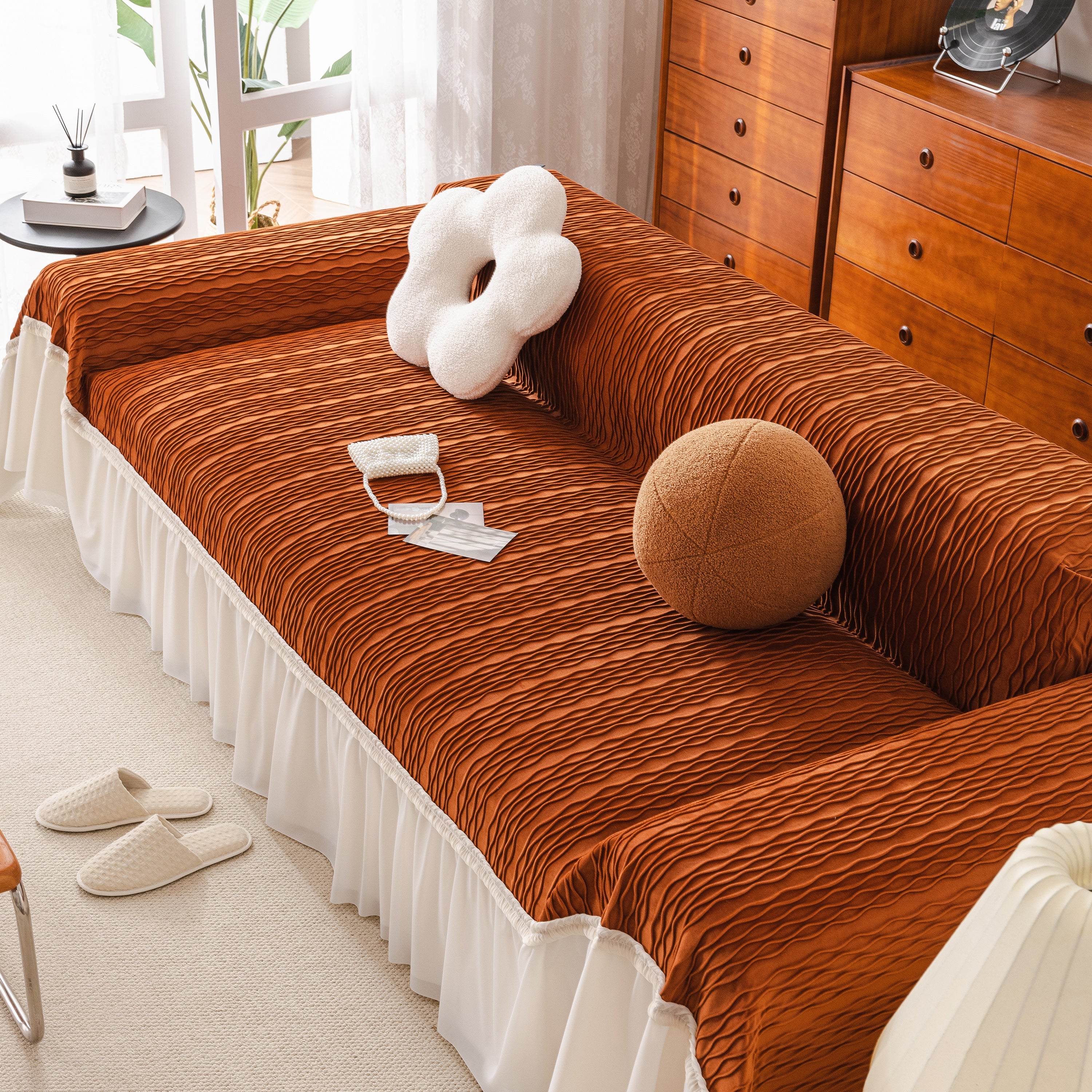 Soft Warm Flannel Couch Cover Throw Blanket With French Flounce, Beautiful Furniture Throws For Sofas