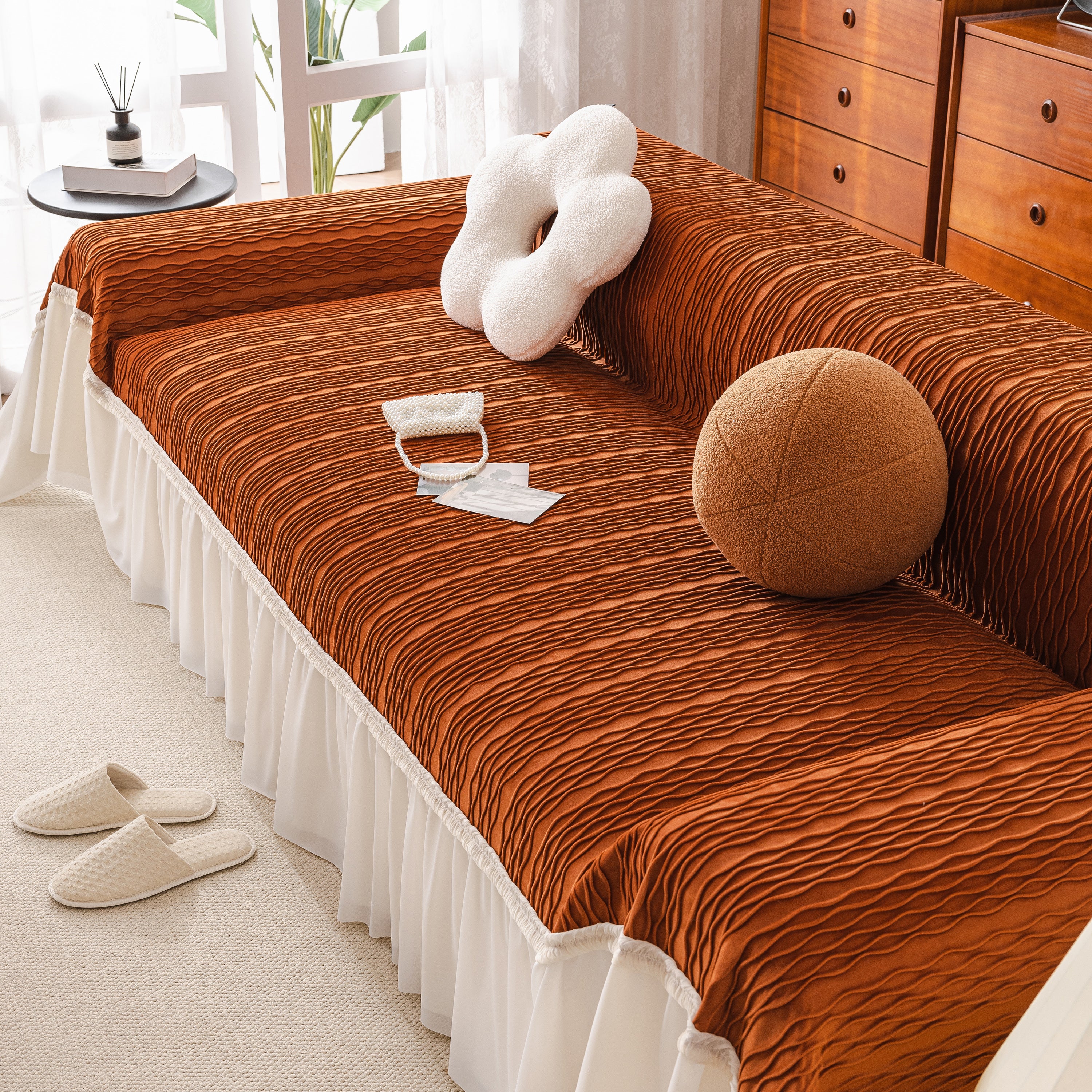 Soft Warm Flannel Couch Cover Throw Blanket With French Flounce, Beautiful Furniture Throws For Sofas