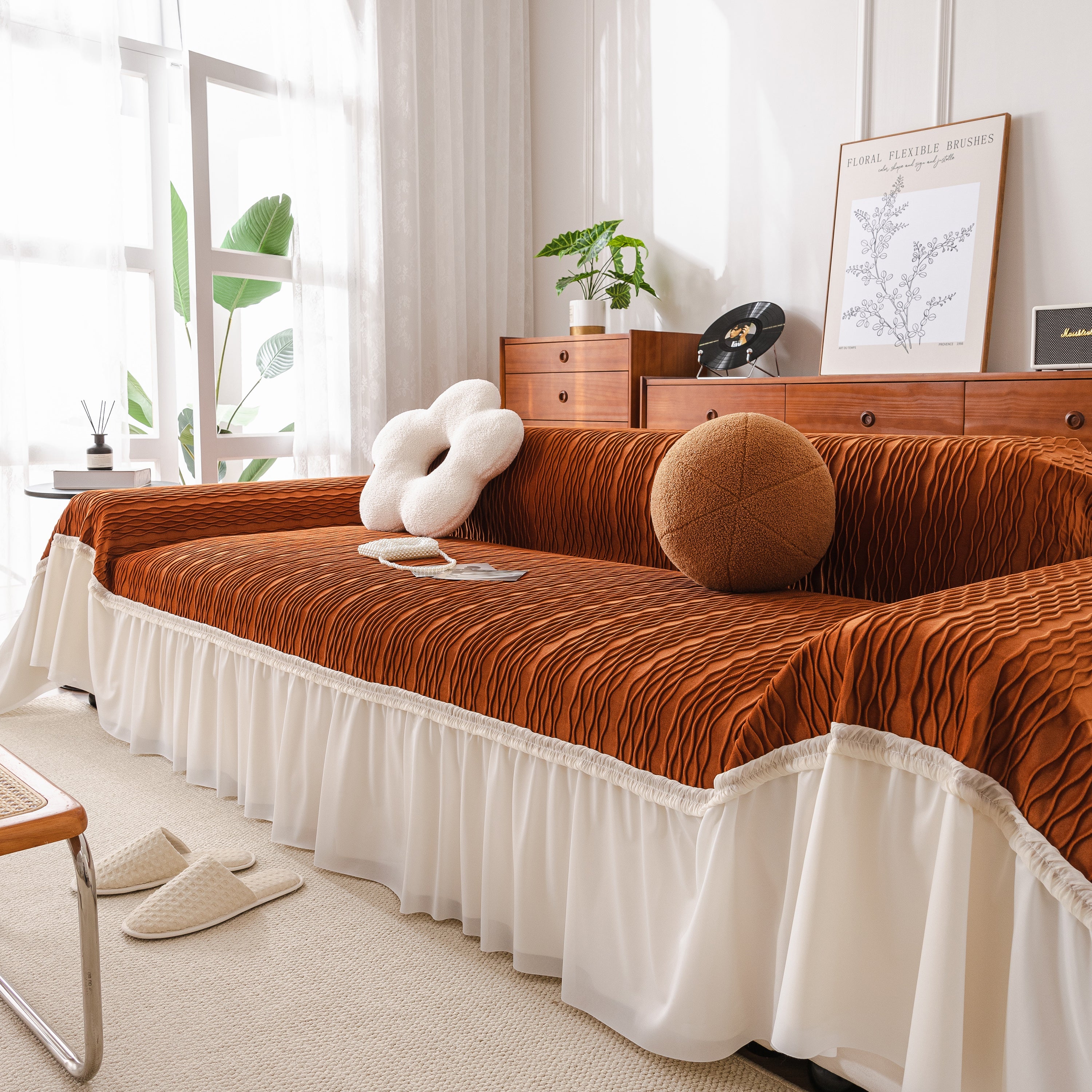 Soft Warm Flannel Couch Cover Throw Blanket With French Flounce, Beautiful Furniture Throws For Sofas