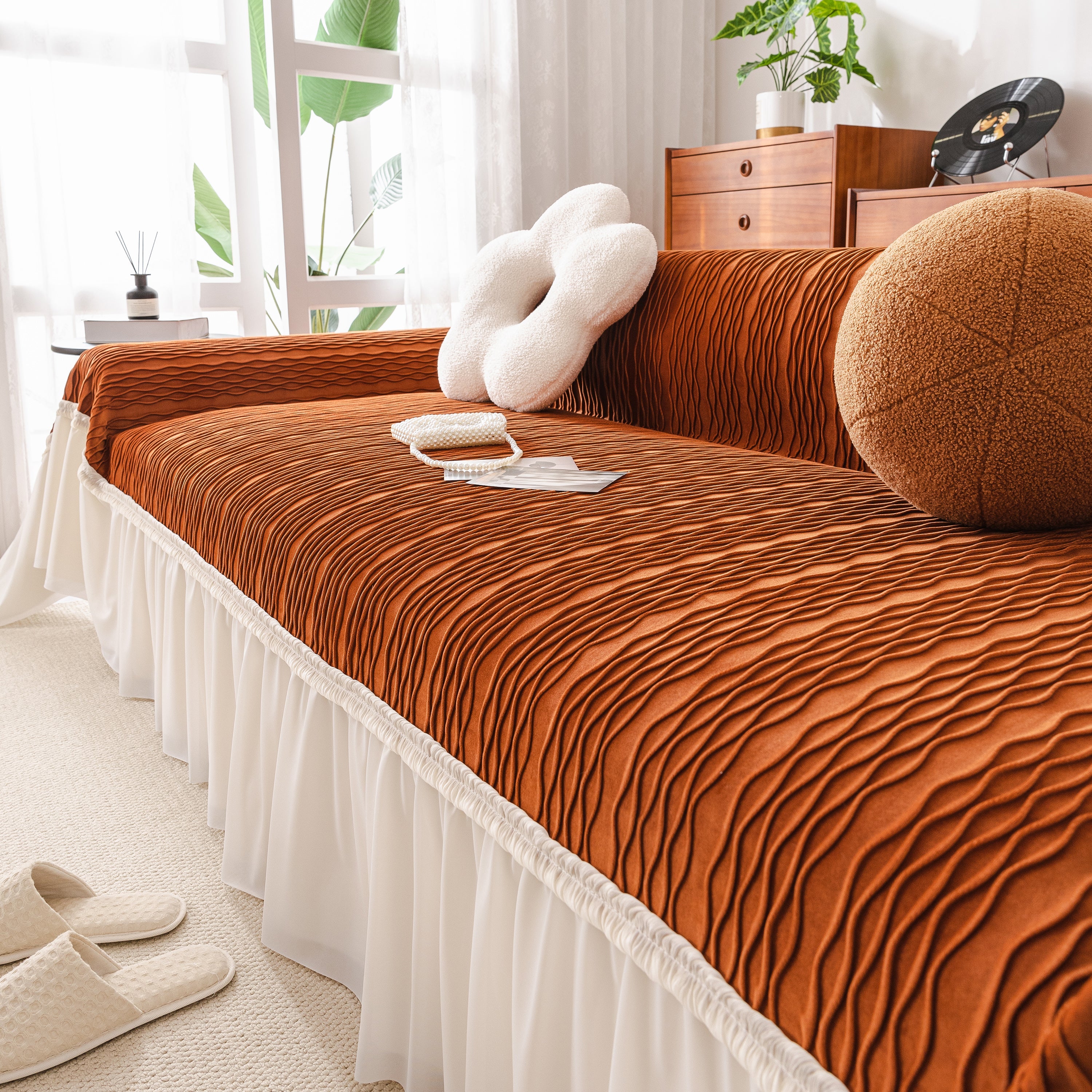 Soft Warm Flannel Couch Cover Throw Blanket With French Flounce, Beautiful Furniture Throws For Sofas