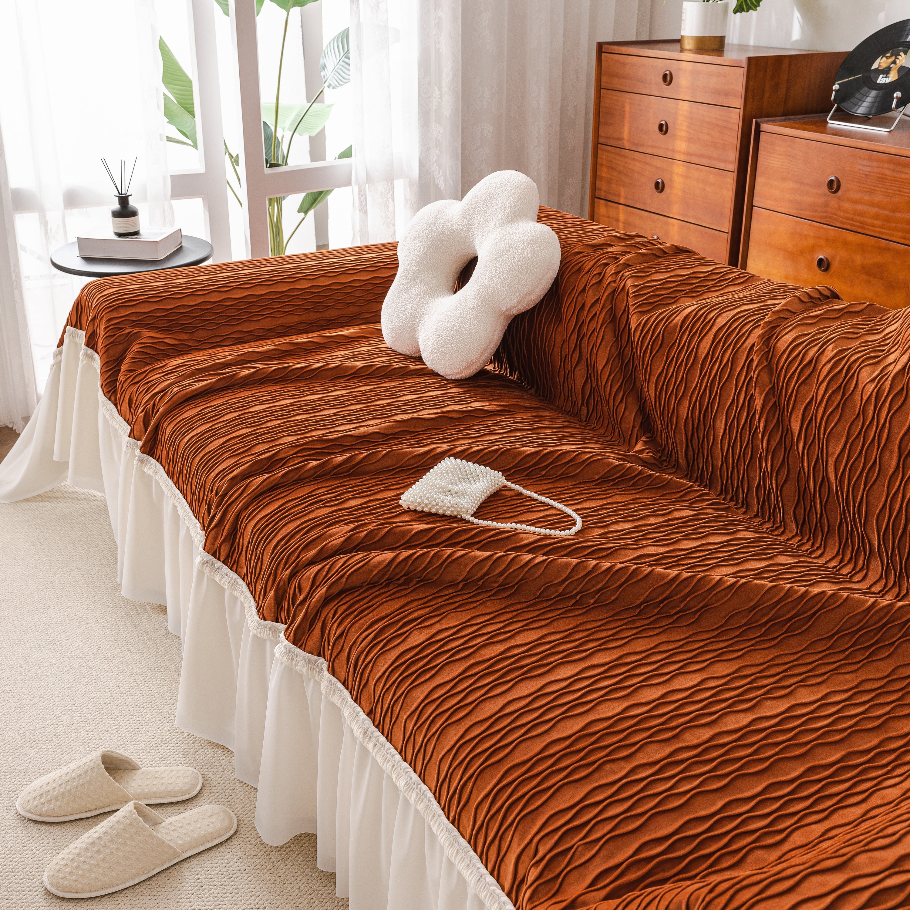 Soft Warm Flannel Couch Cover Throw Blanket With French Flounce, Beautiful Furniture Throws For Sofas