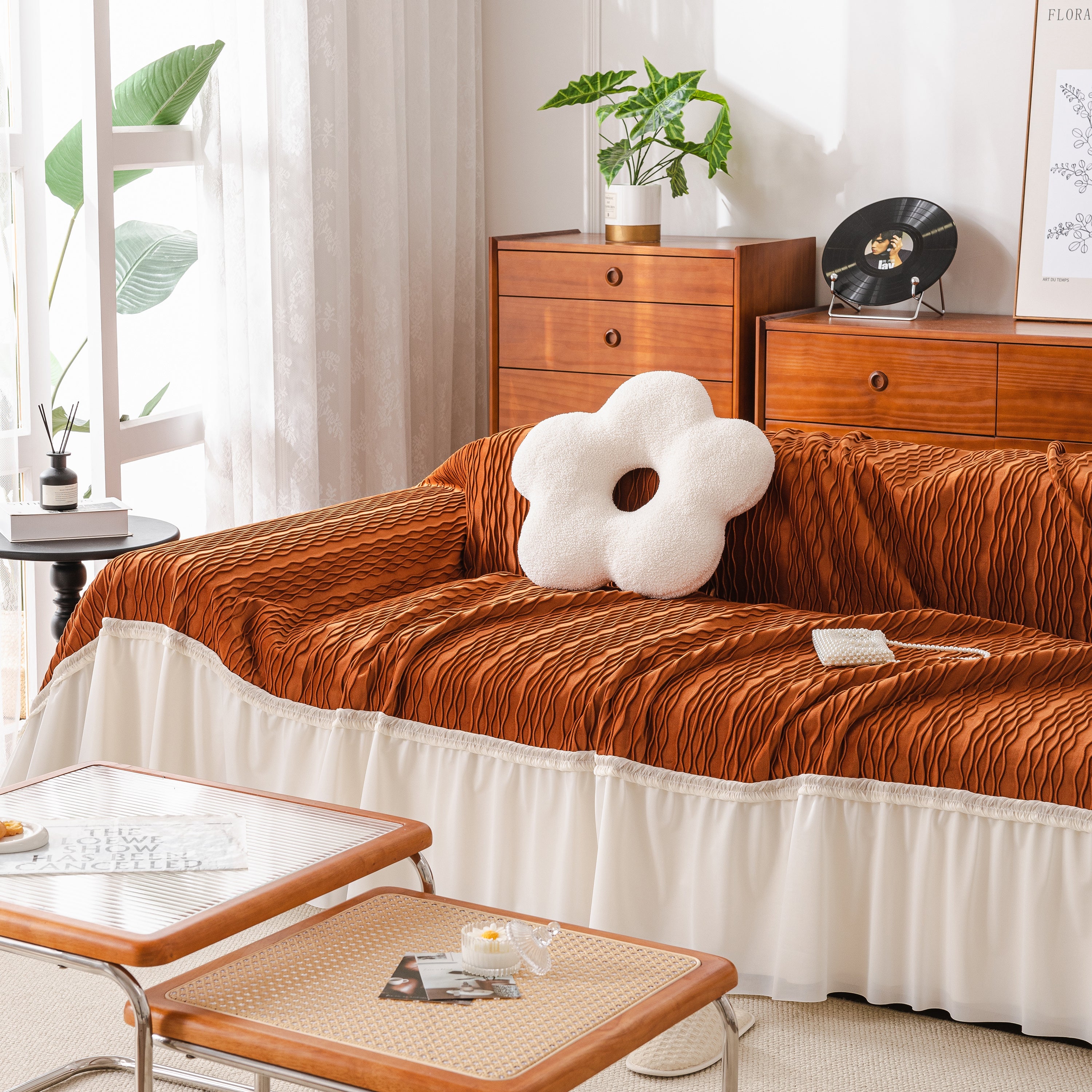 Soft Warm Flannel Couch Cover Throw Blanket With French Flounce, Beautiful Furniture Throws For Sofas