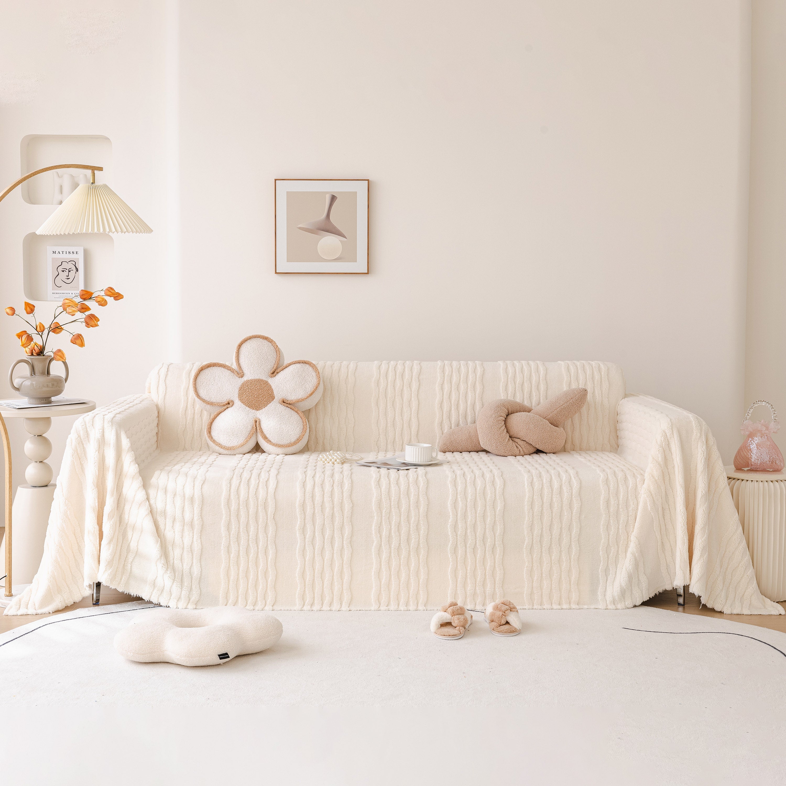 Modern 3d Water Ripple Sofa Cover, Non-shedding Cream Style Furniture Protector Throw