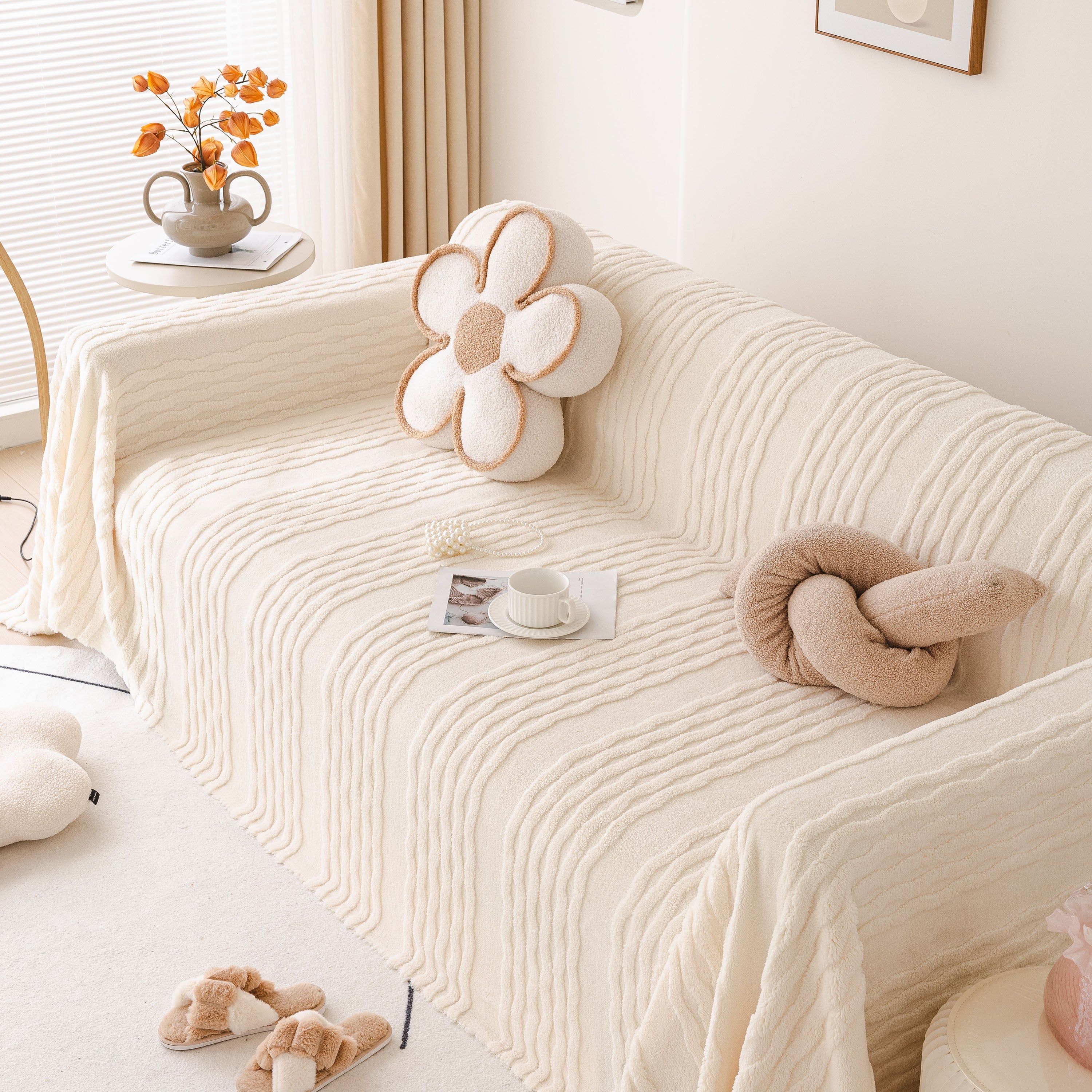 Modern 3d Water Ripple Sofa Cover, Non-shedding Cream Style Furniture Protector Throw