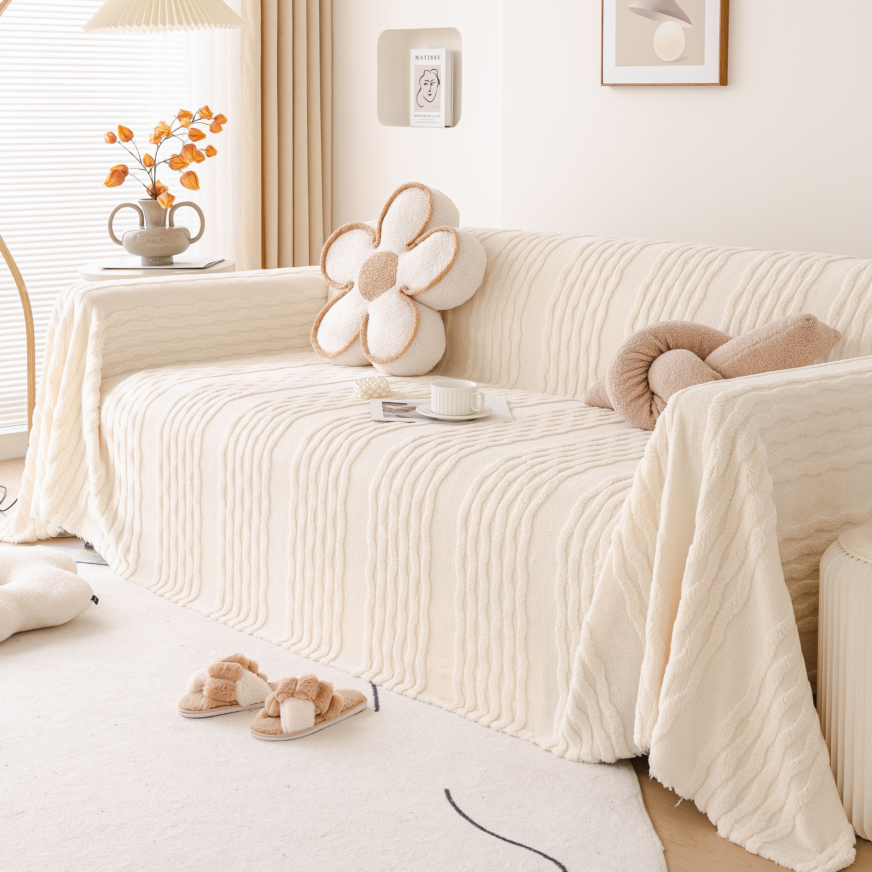Modern 3d Water Ripple Sofa Cover, Non-shedding Cream Style Furniture Protector Throw