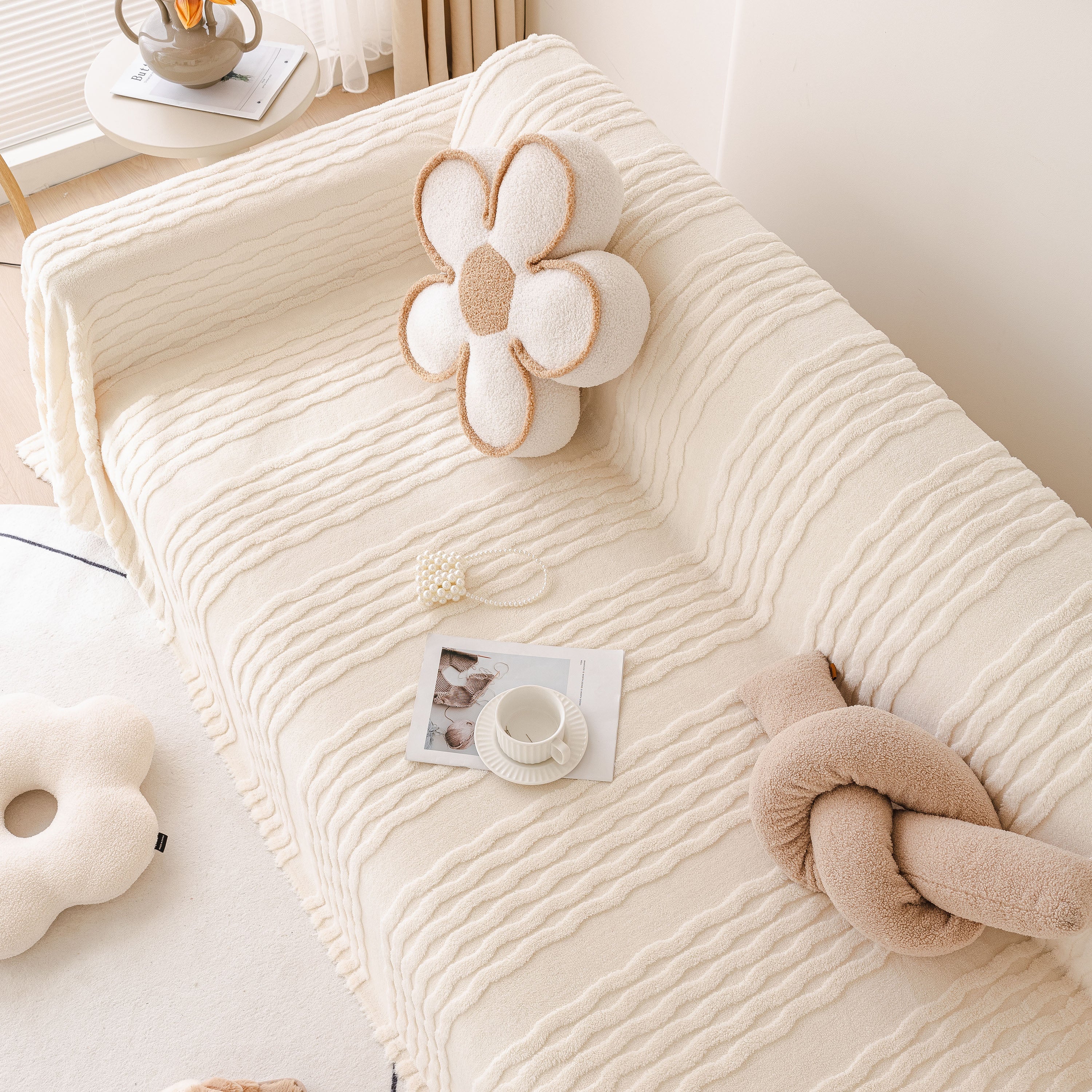 Modern 3d Water Ripple Sofa Cover, Non-shedding Cream Style Furniture Protector Throw
