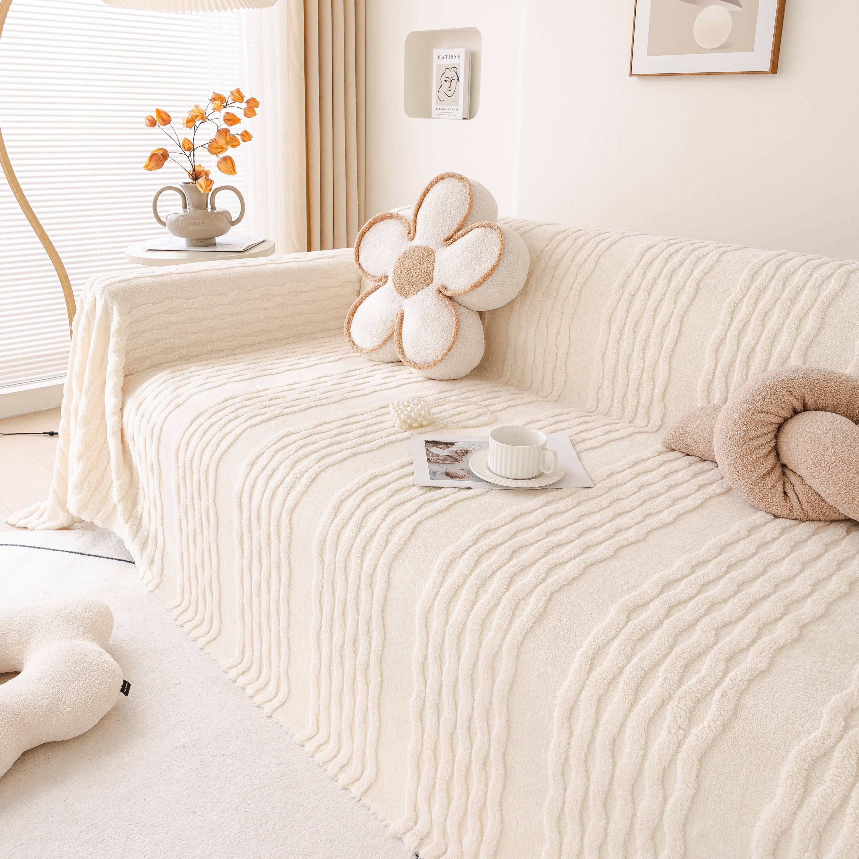 Modern 3d Water Ripple Sofa Cover, Non-shedding Cream Style Furniture Protector Throw