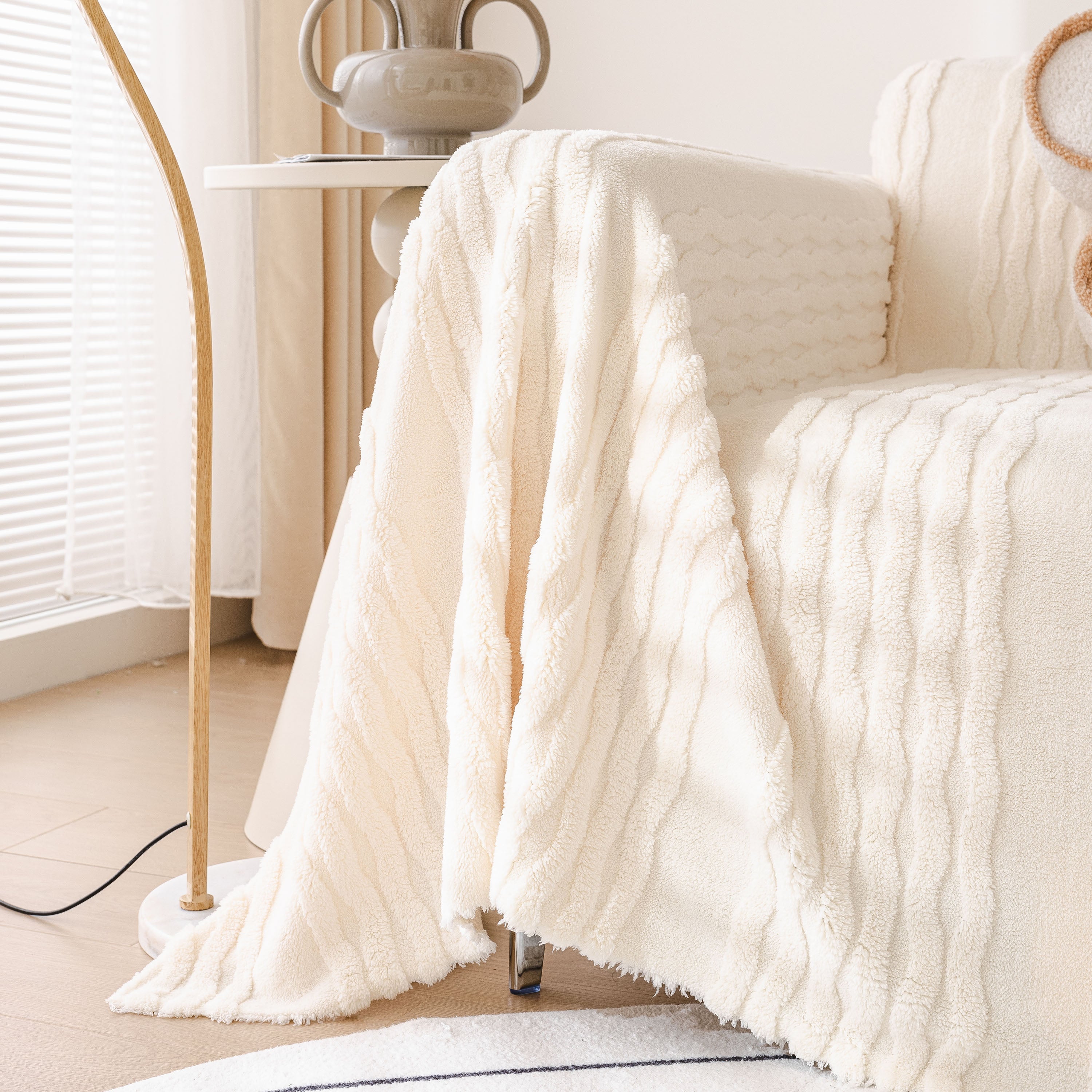 Modern 3d Water Ripple Sofa Cover, Non-shedding Cream Style Furniture Protector Throw