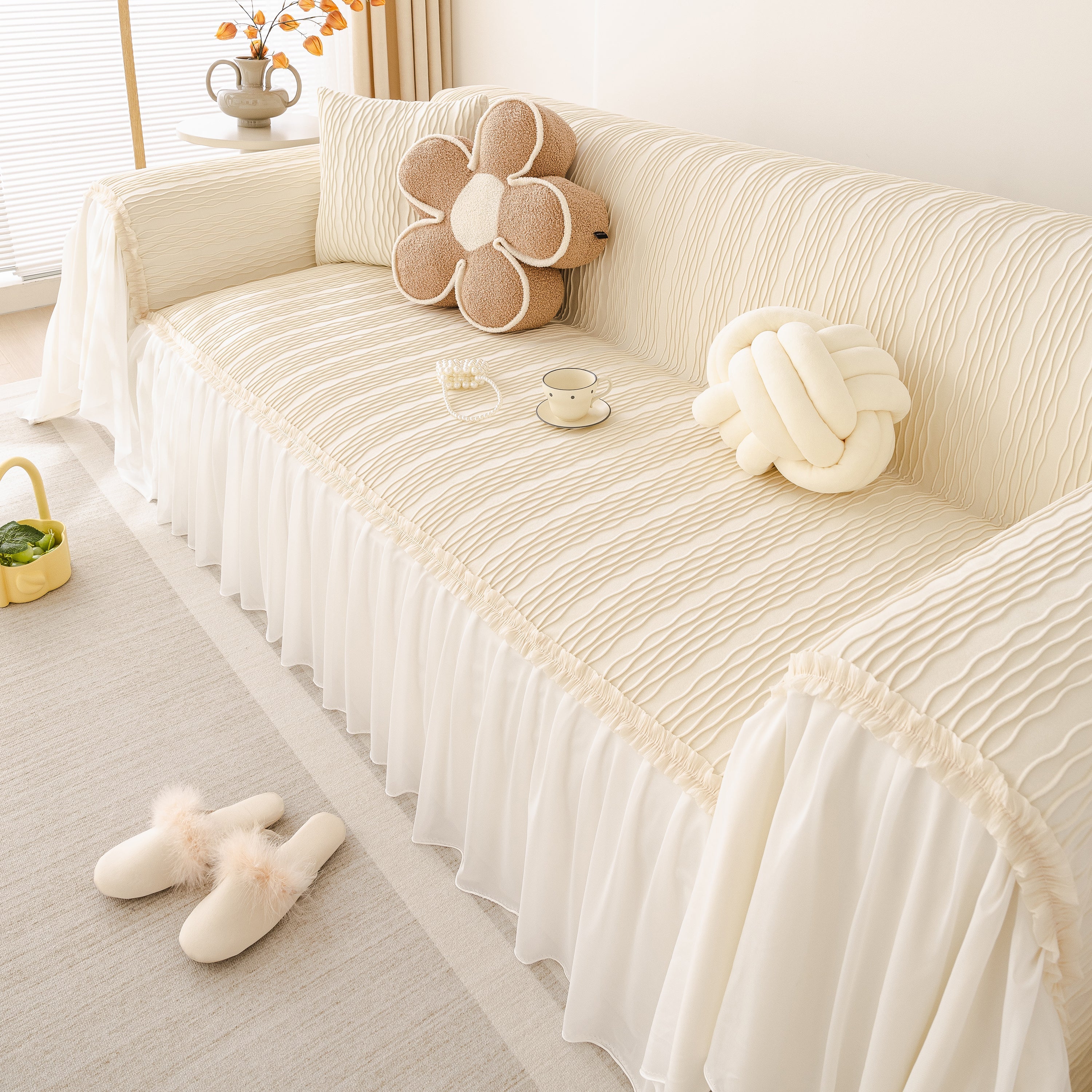 Soft Warm Flannel Couch Cover Throw Blanket With French Flounce, Beautiful Furniture Throws For Sofas
