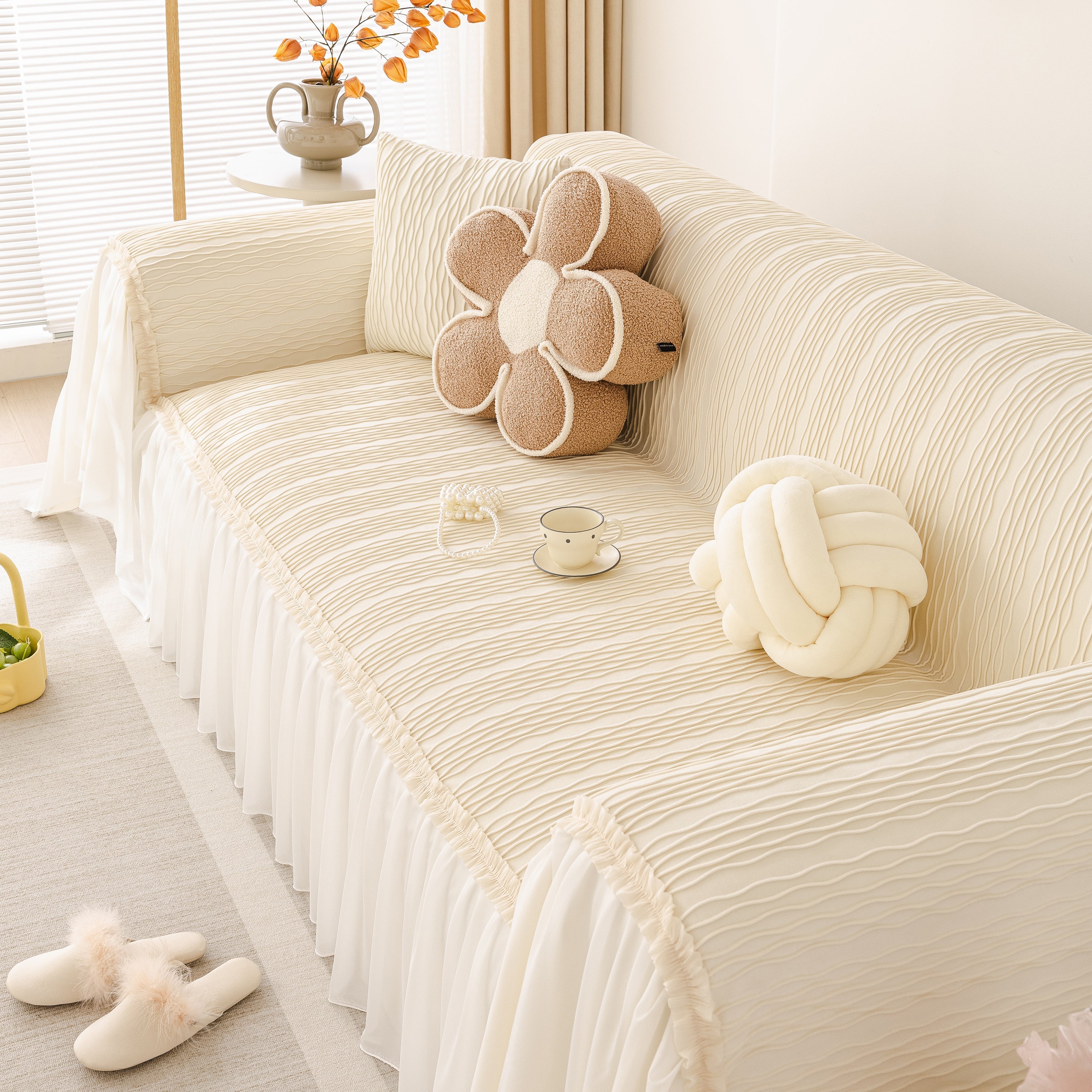 Soft Warm Flannel Couch Cover Throw Blanket With French Flounce, Beautiful Furniture Throws For Sofas