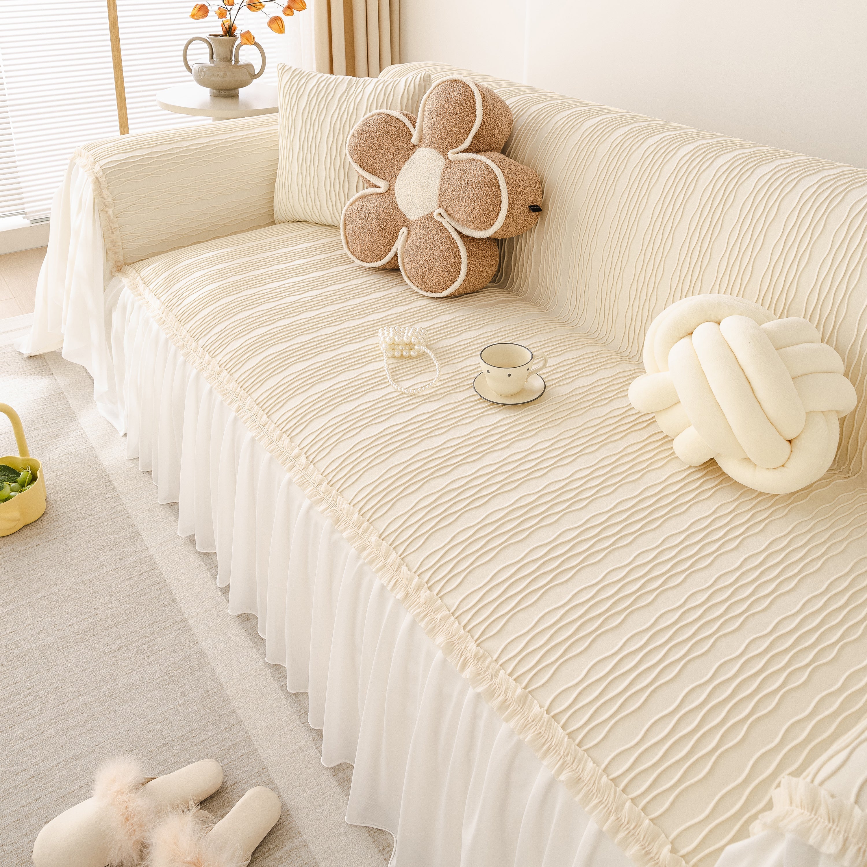 Soft Warm Flannel Couch Cover Throw Blanket With French Flounce, Beautiful Furniture Throws For Sofas