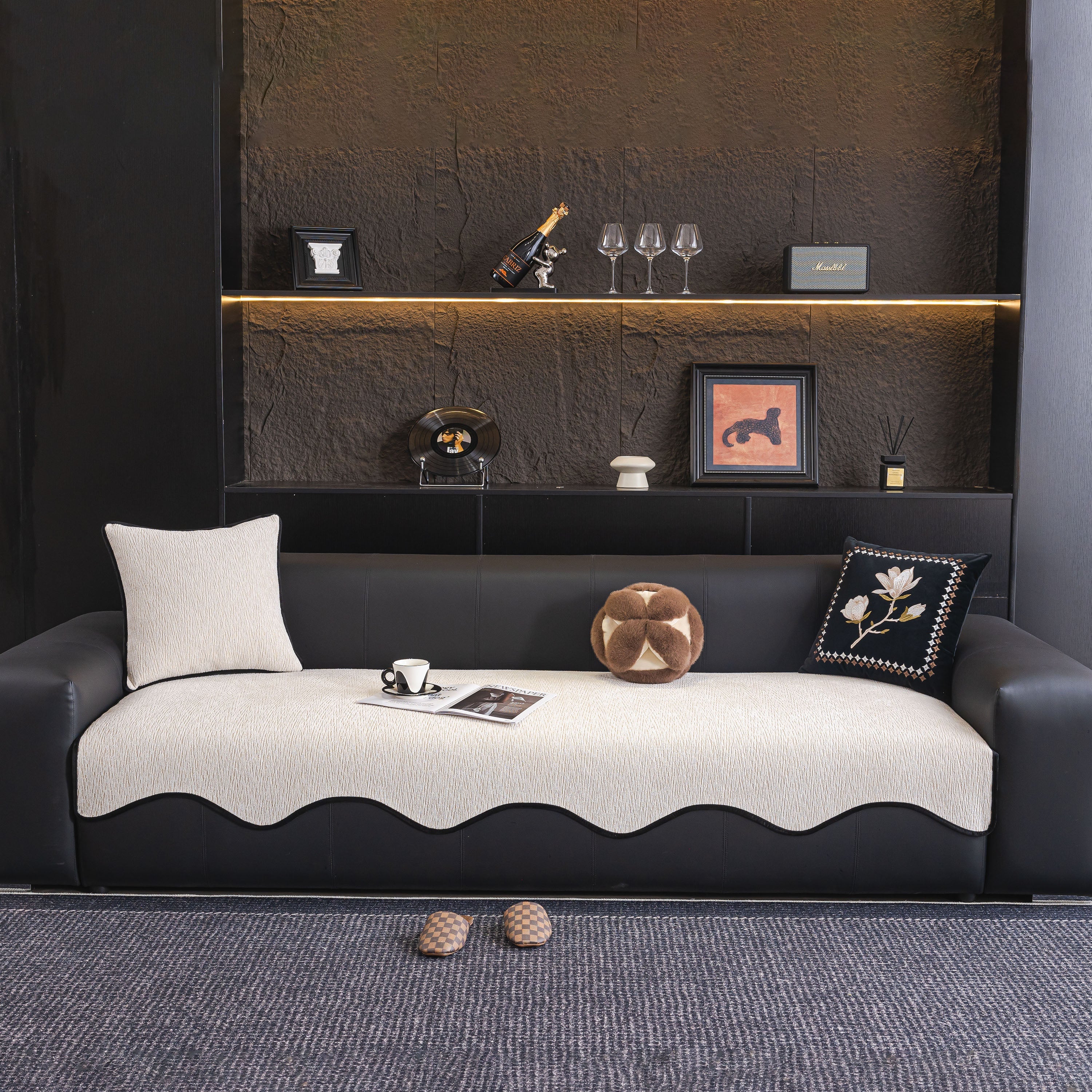 Chenille Couch Cover With Scalloped Edge, Non-slip Modular Slipcover Sectional
