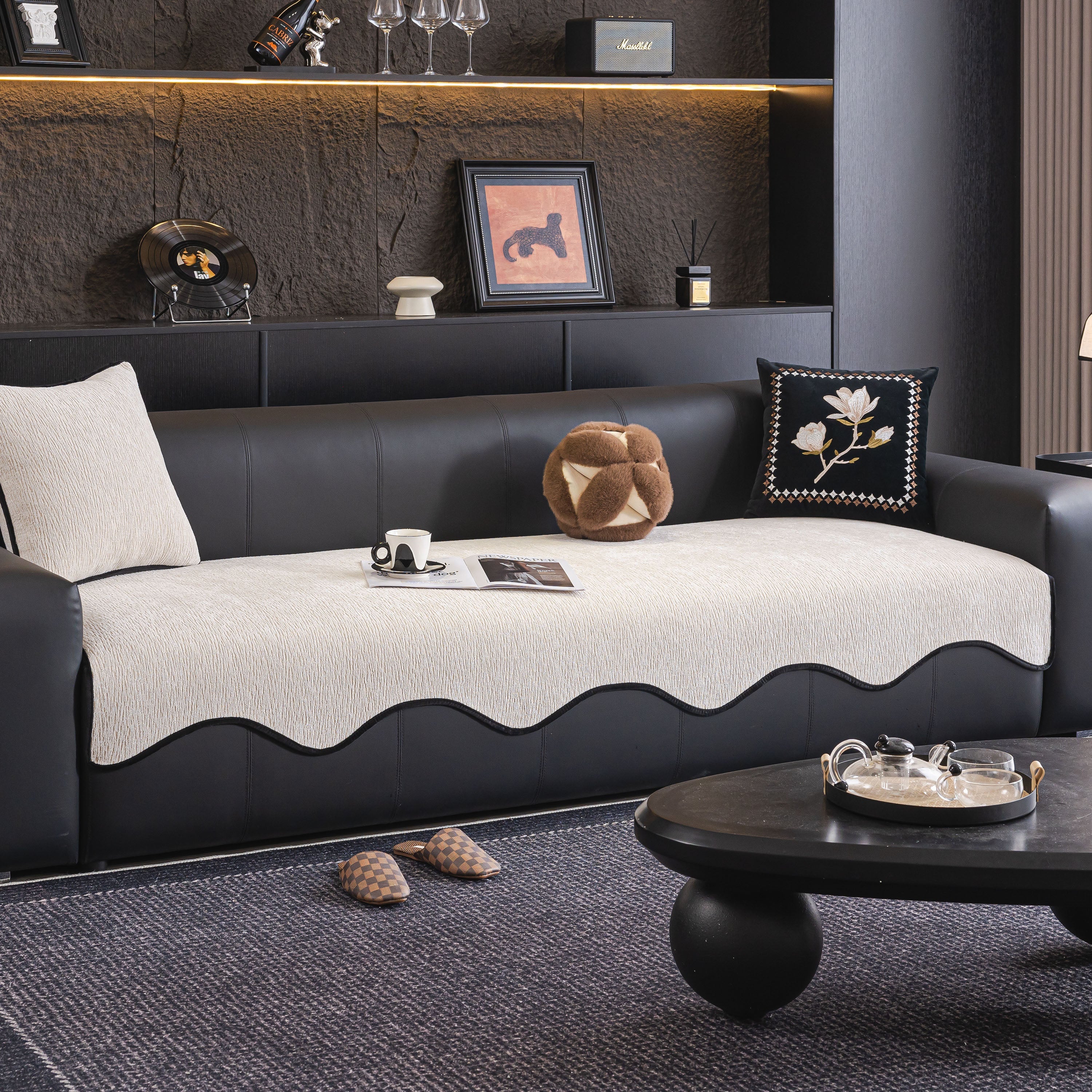 Chenille Couch Cover With Scalloped Edge, Non-slip Modular Slipcover Sectional