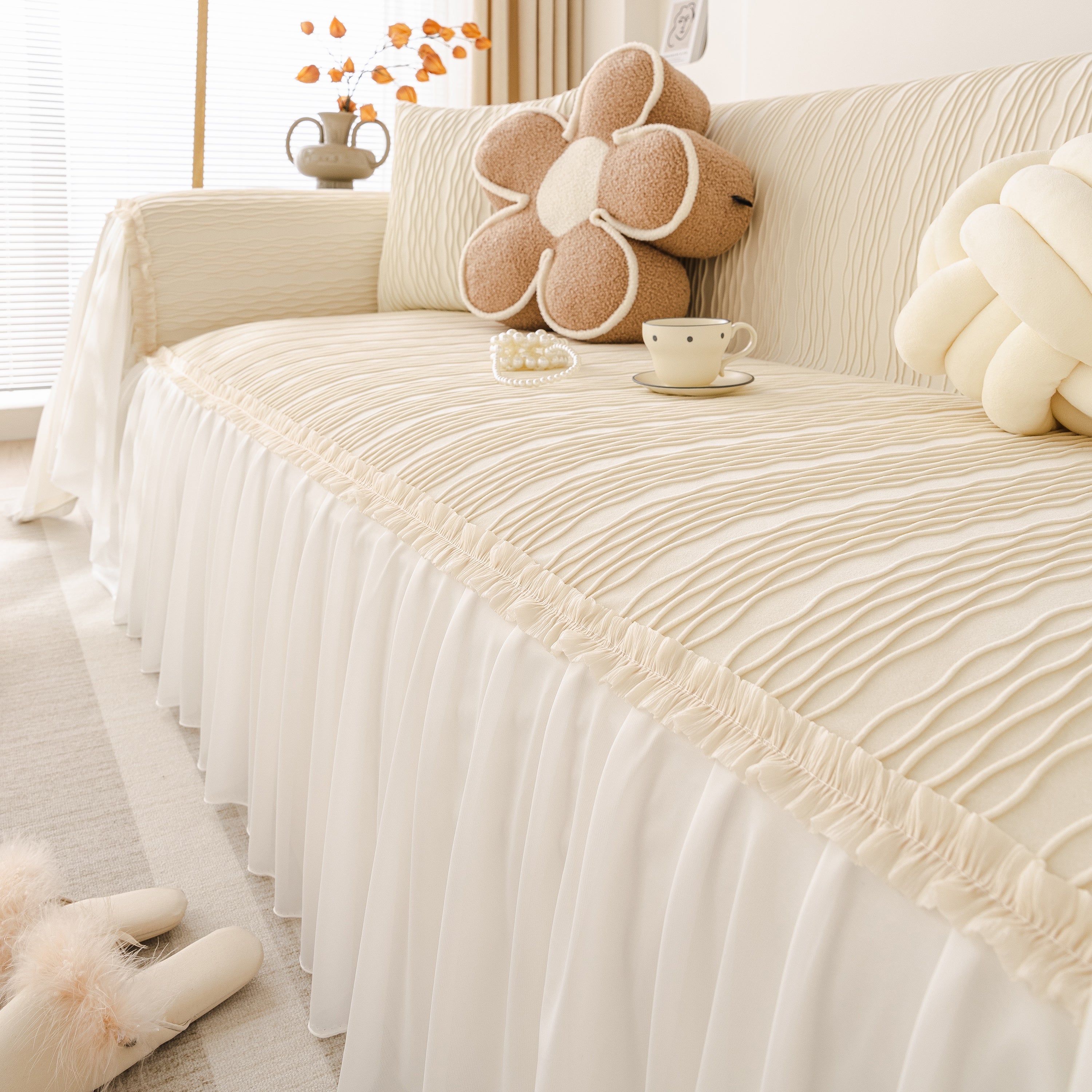 Soft Warm Flannel Couch Cover Throw Blanket With French Flounce, Beautiful Furniture Throws For Sofas