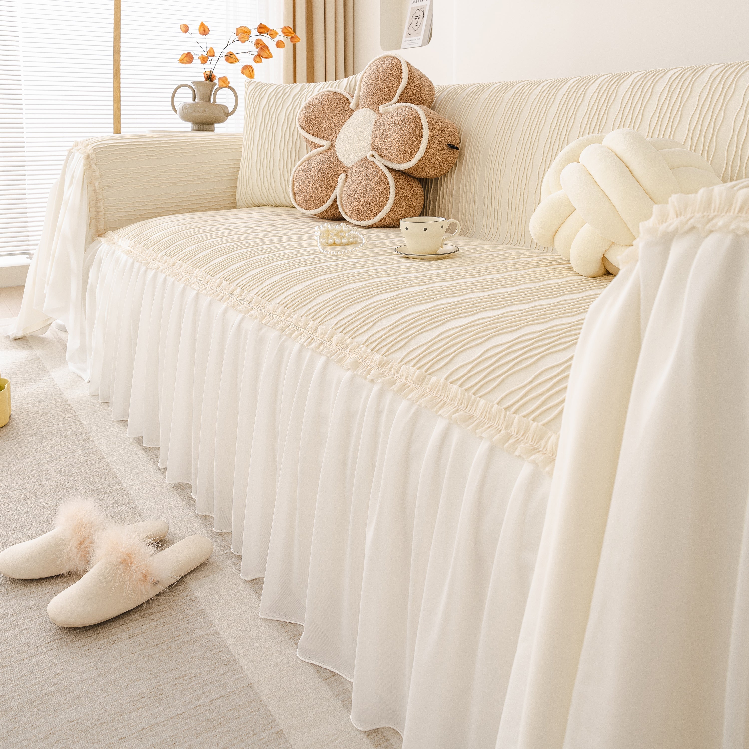 Soft Warm Flannel Couch Cover Throw Blanket With French Flounce, Beautiful Furniture Throws For Sofas