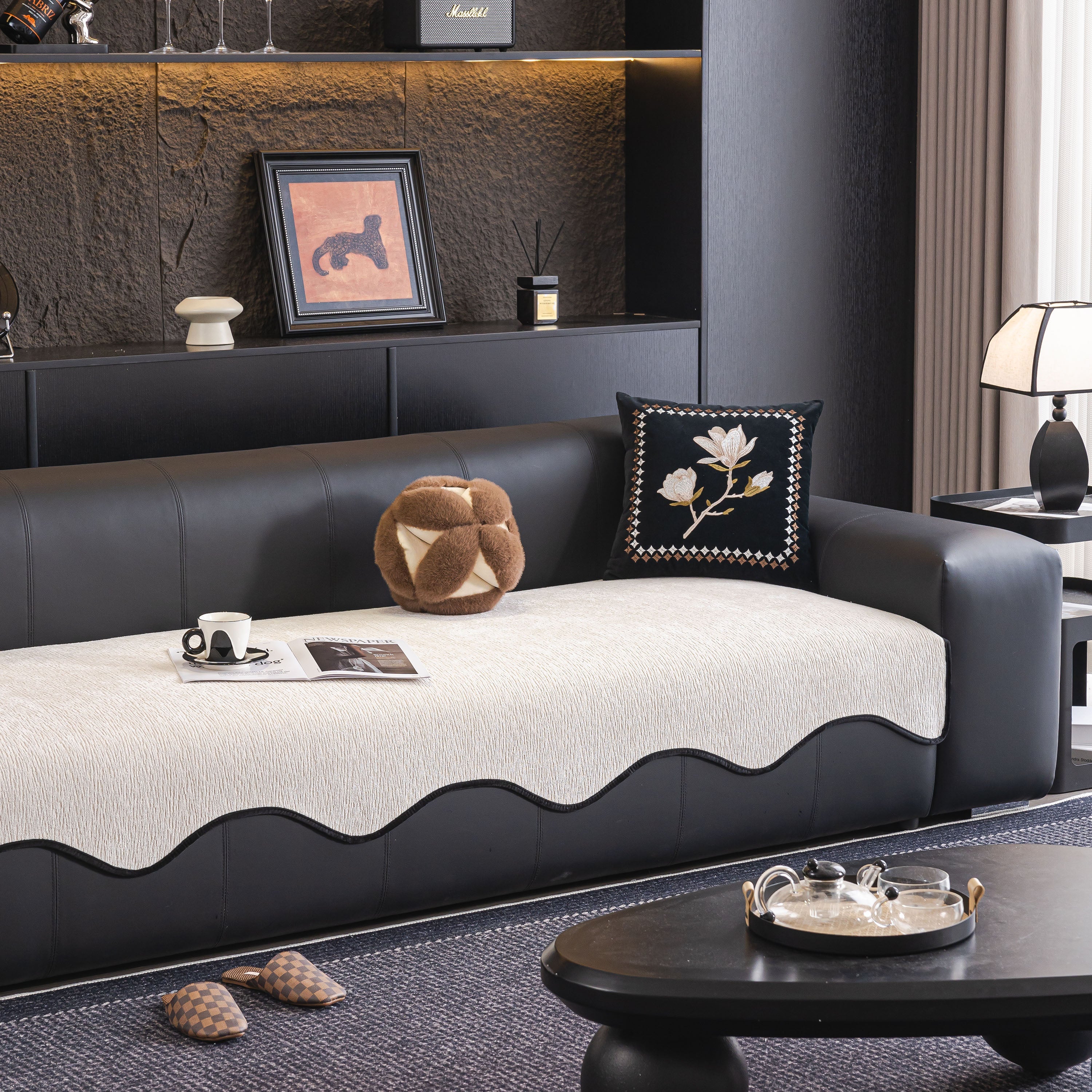 Chenille Couch Cover With Scalloped Edge, Non-slip Modular Slipcover Sectional