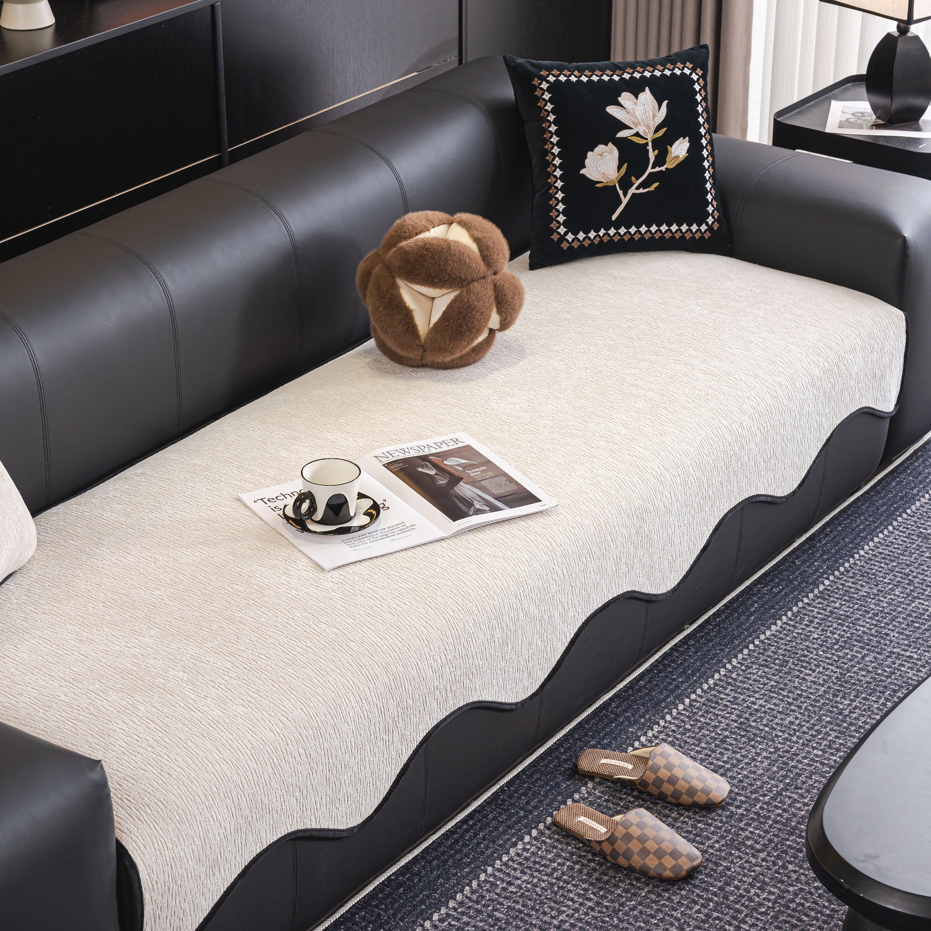 Chenille Couch Cover With Scalloped Edge, Non-slip Modular Slipcover Sectional