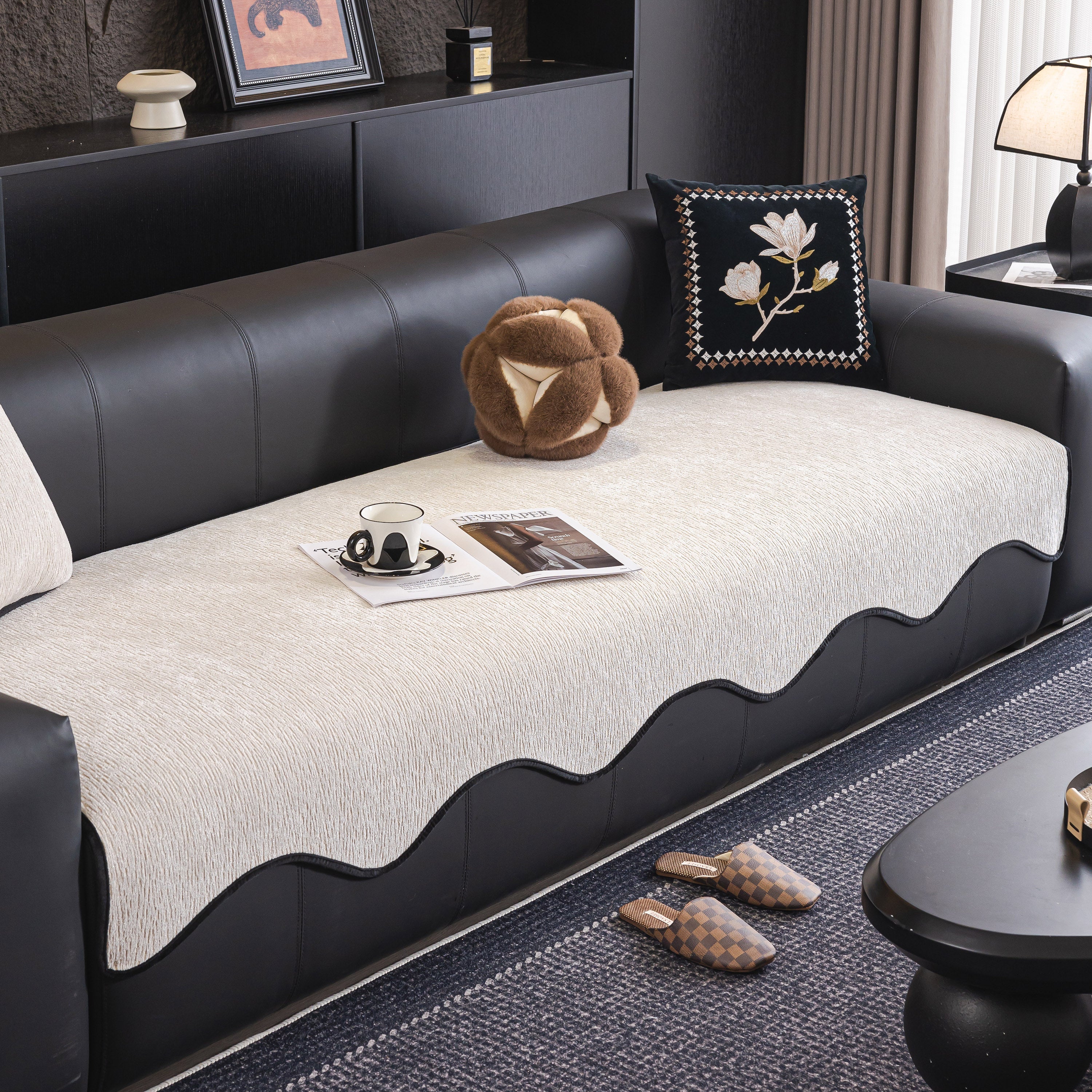 Chenille Couch Cover With Scalloped Edge, Non-slip Modular Slipcover Sectional