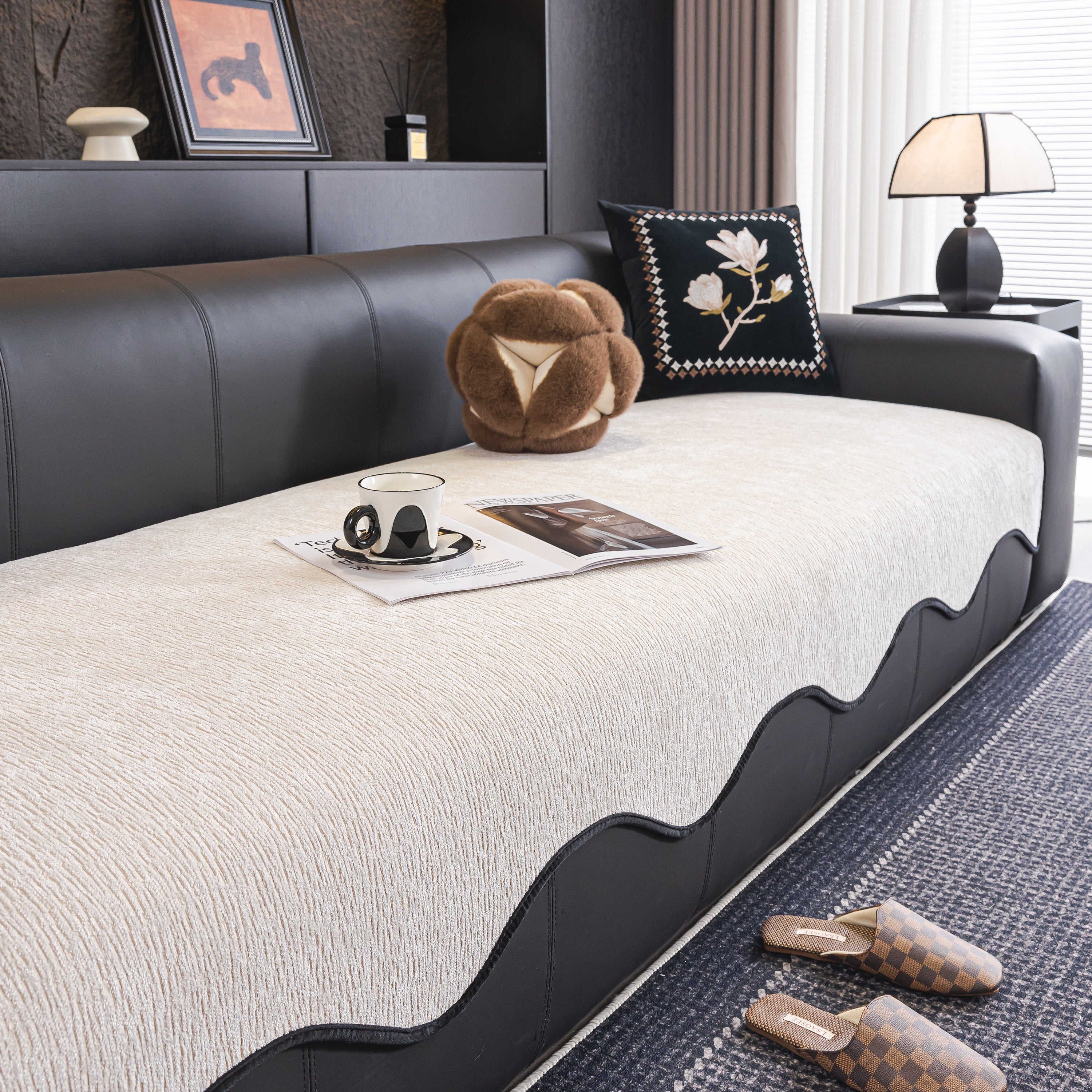 Chenille Couch Cover With Scalloped Edge, Non-slip Modular Slipcover Sectional