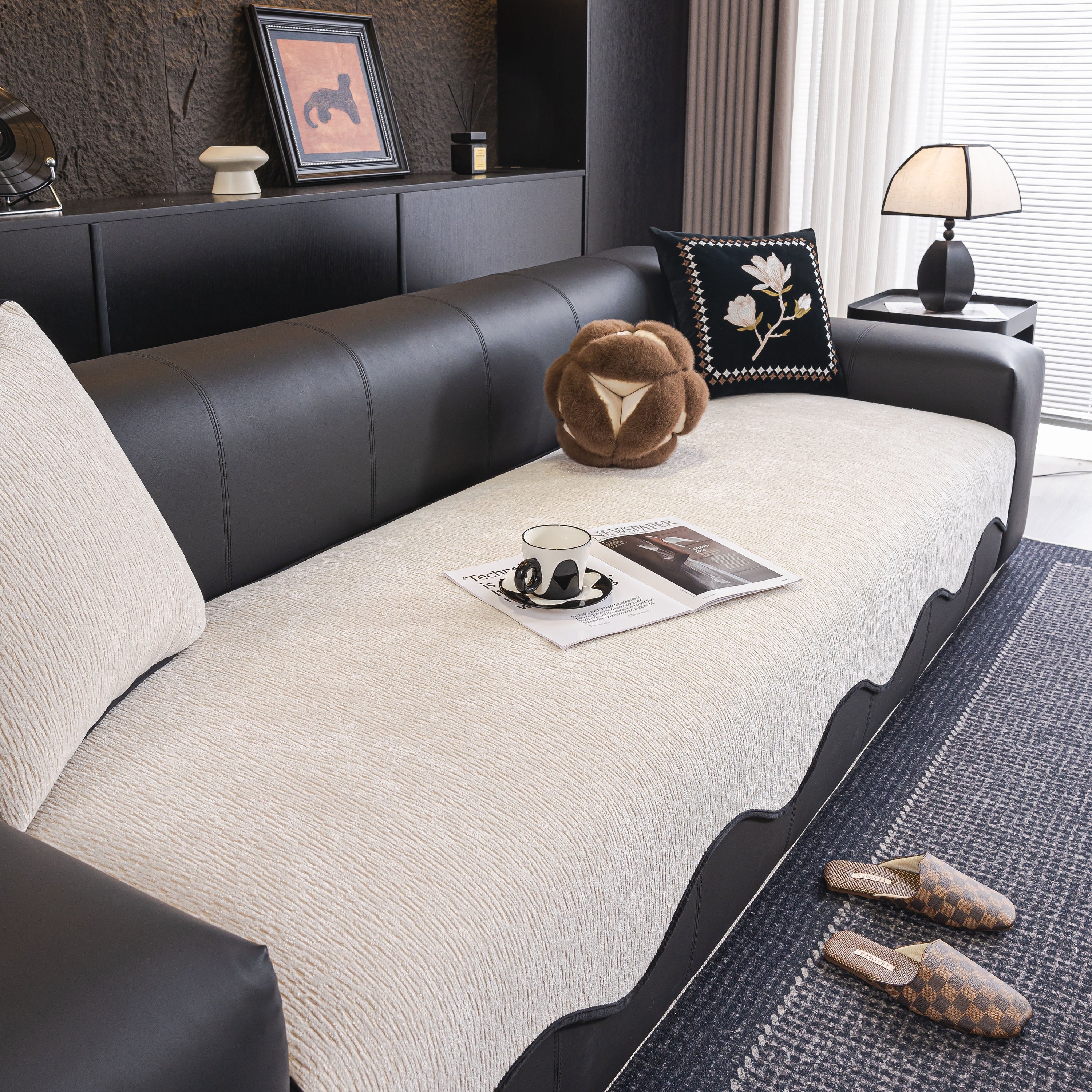 Chenille Couch Cover With Scalloped Edge, Non-slip Modular Slipcover Sectional