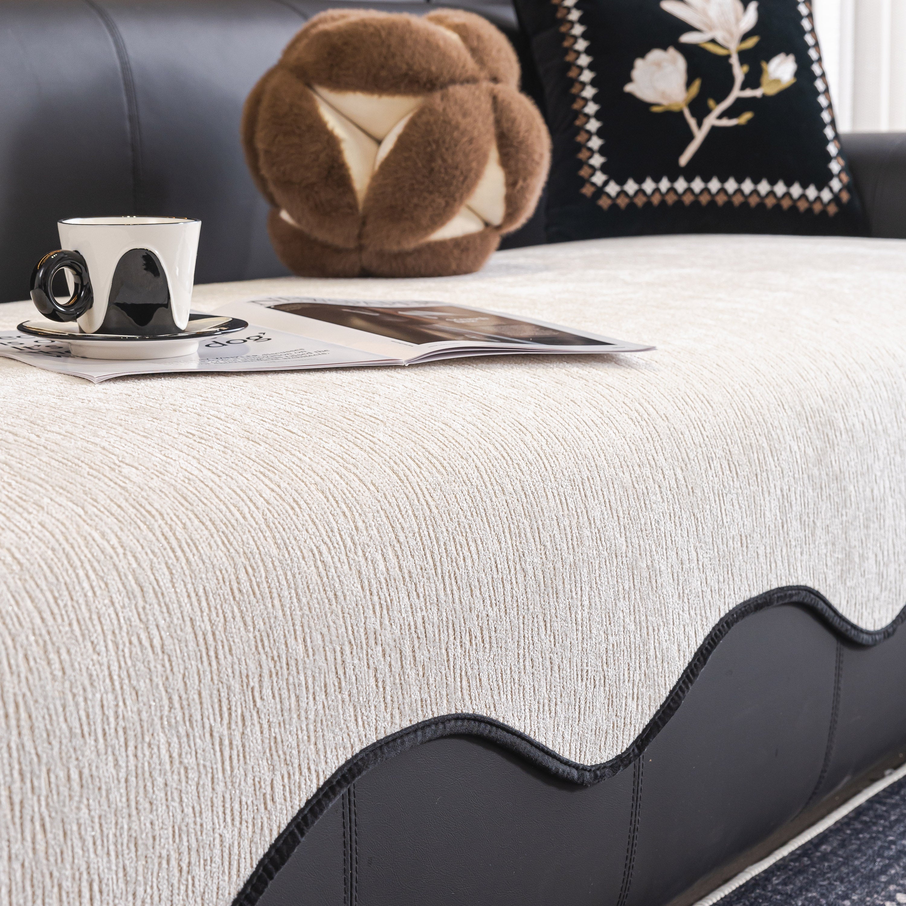 Chenille Couch Cover With Scalloped Edge, Non-slip Modular Slipcover Sectional