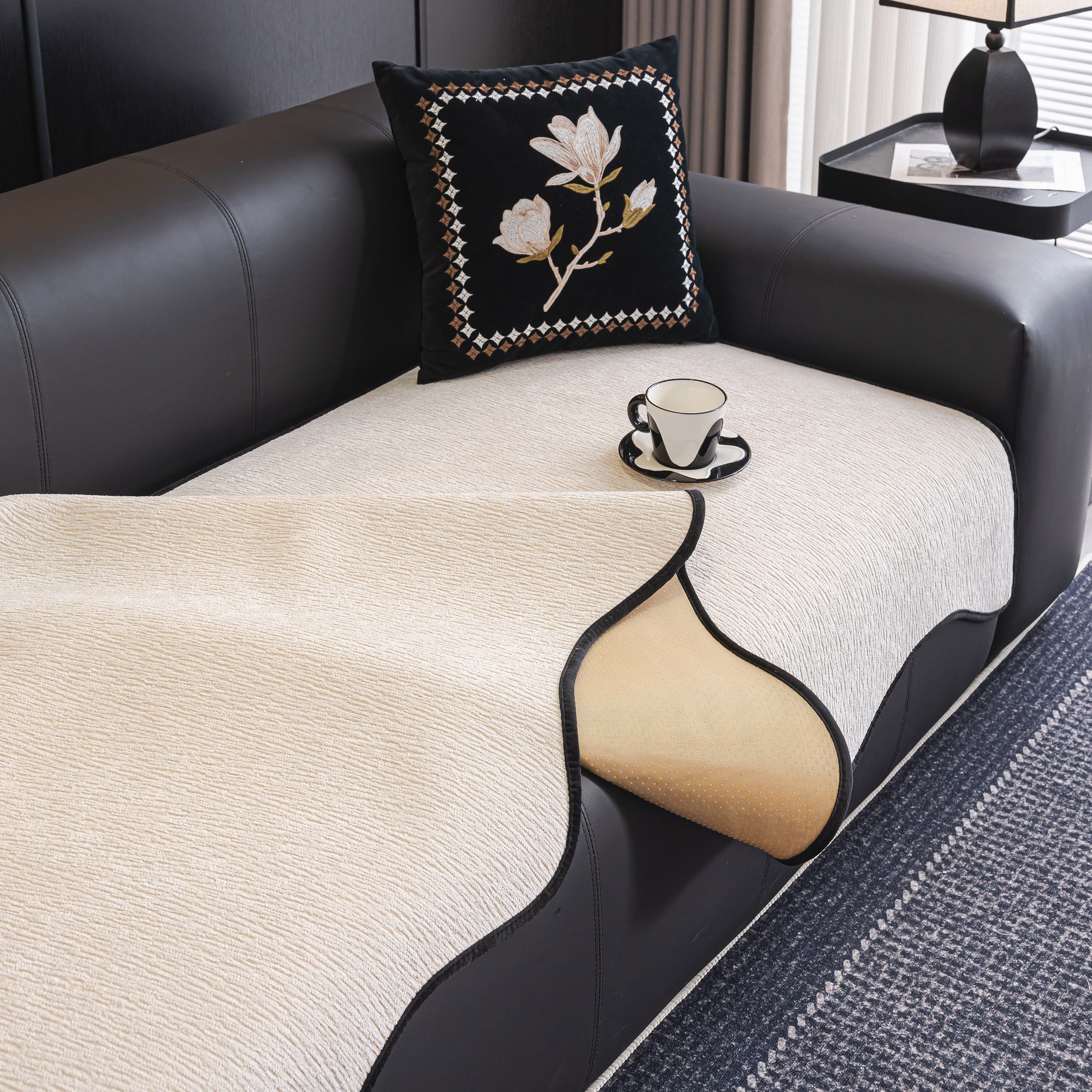 Chenille Couch Cover With Scalloped Edge, Non-slip Modular Slipcover Sectional