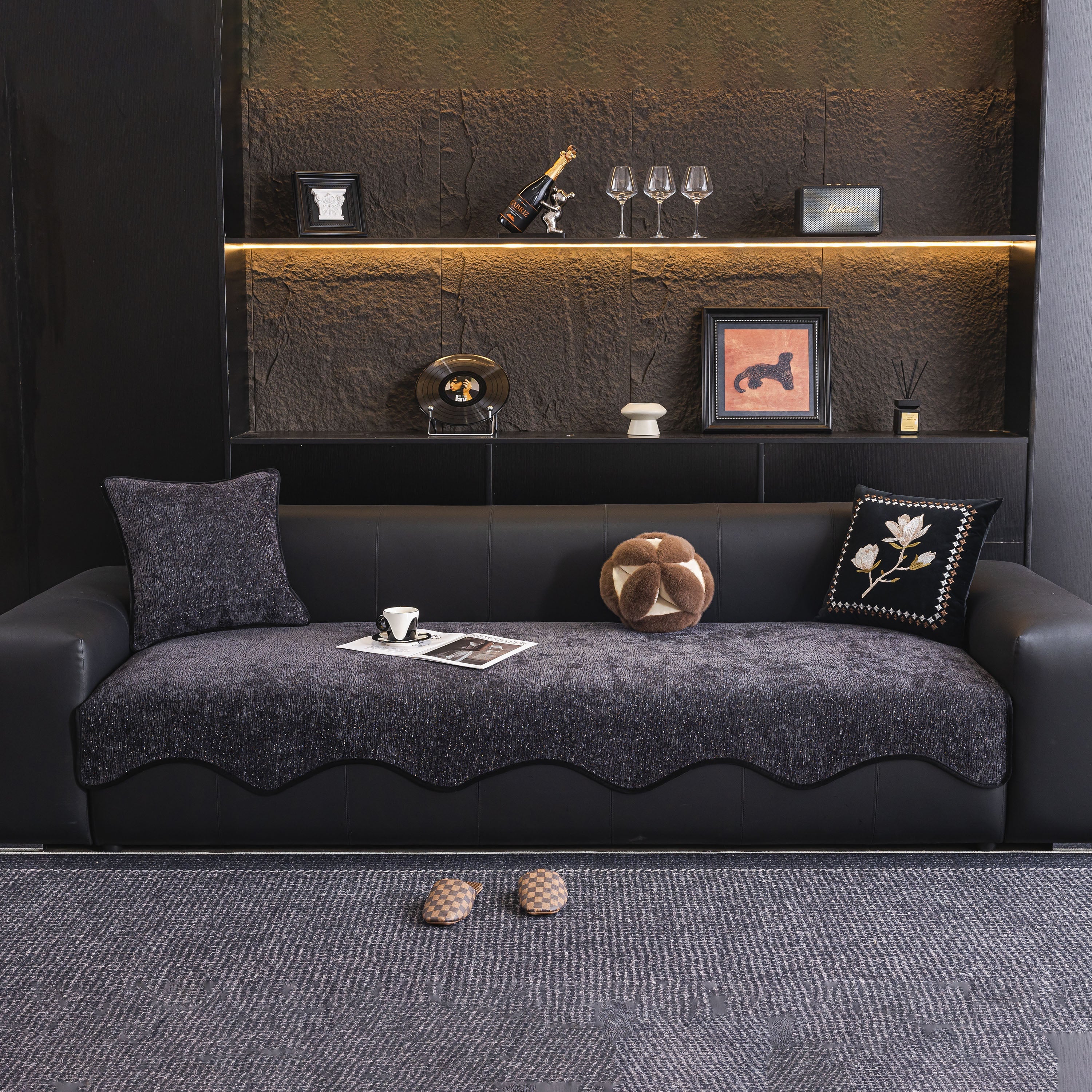 Chenille Couch Cover With Scalloped Edge, Non-slip Modular Slipcover Sectional