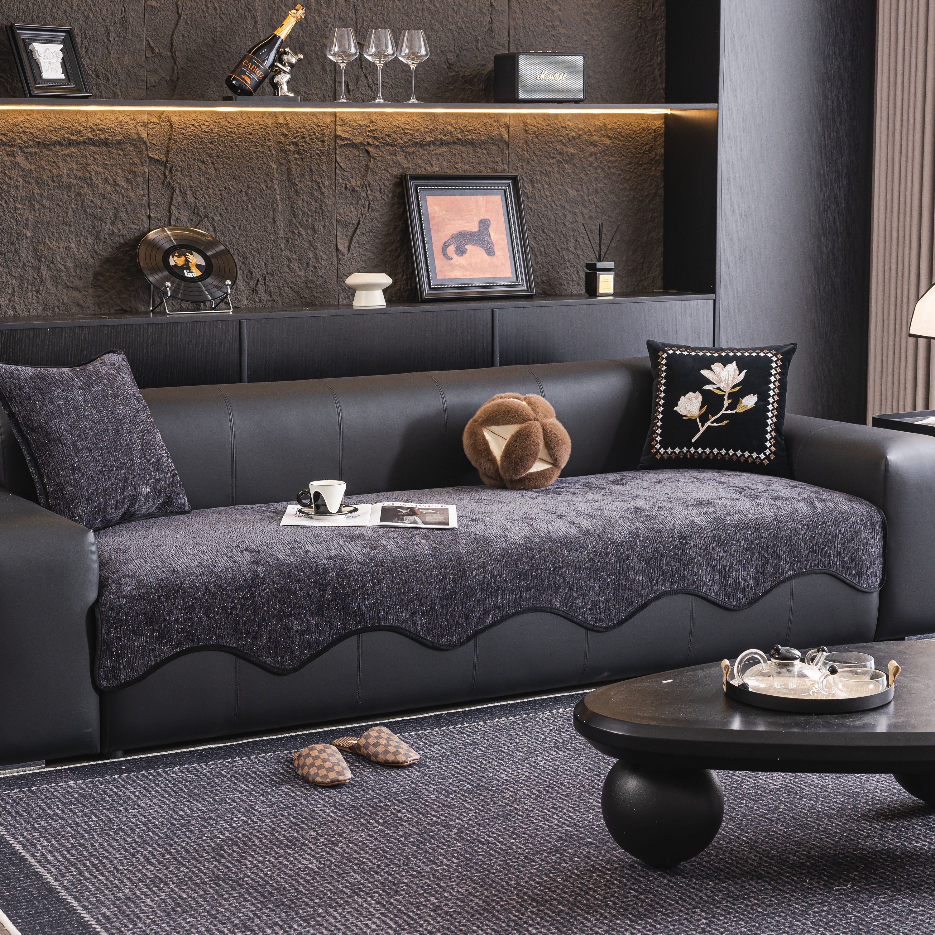 Chenille Couch Cover With Scalloped Edge, Non-slip Modular Slipcover Sectional