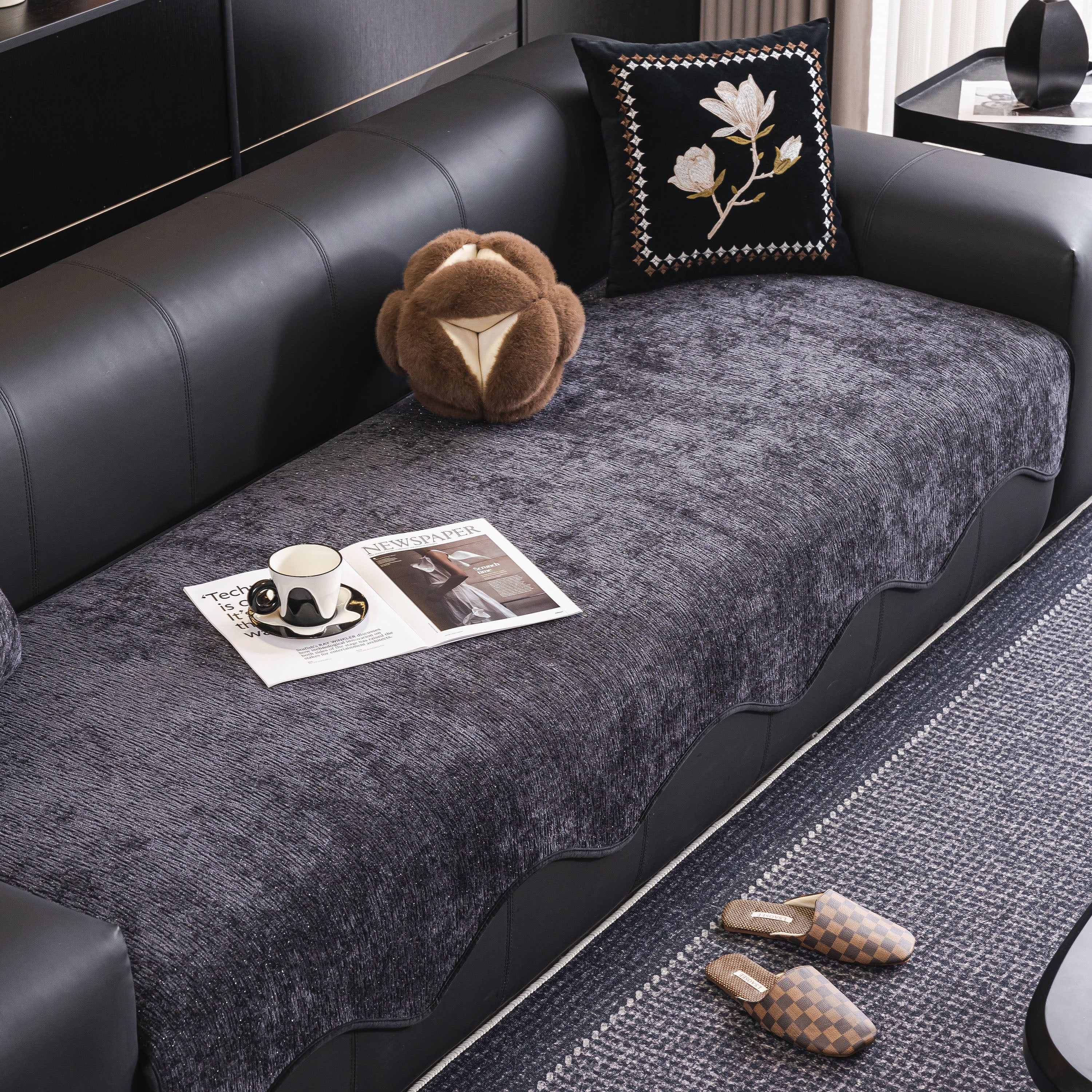 Chenille Couch Cover With Scalloped Edge, Non-slip Modular Slipcover Sectional