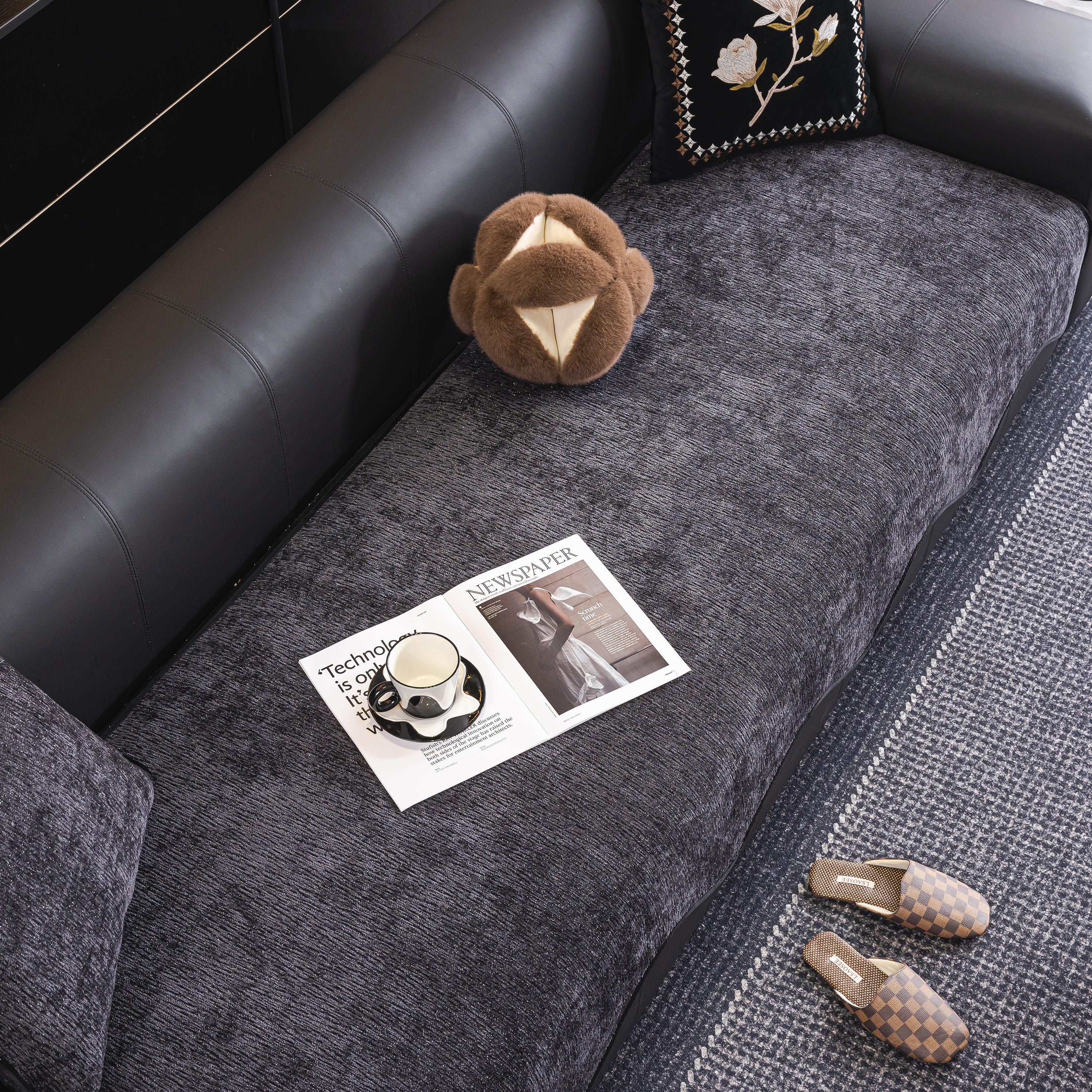 Chenille Couch Cover With Scalloped Edge, Non-slip Modular Slipcover Sectional