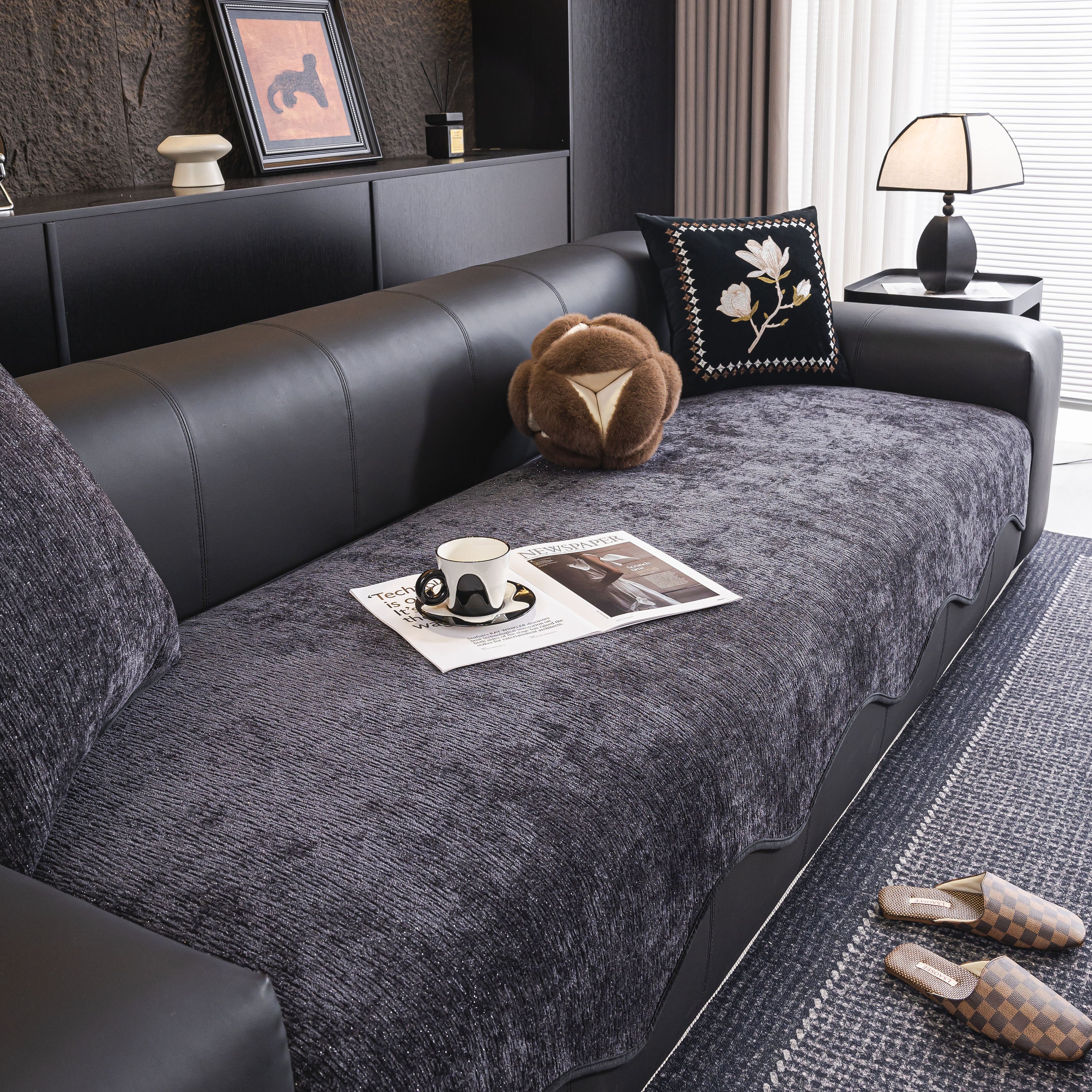 Chenille Couch Cover With Scalloped Edge, Non-slip Modular Slipcover Sectional