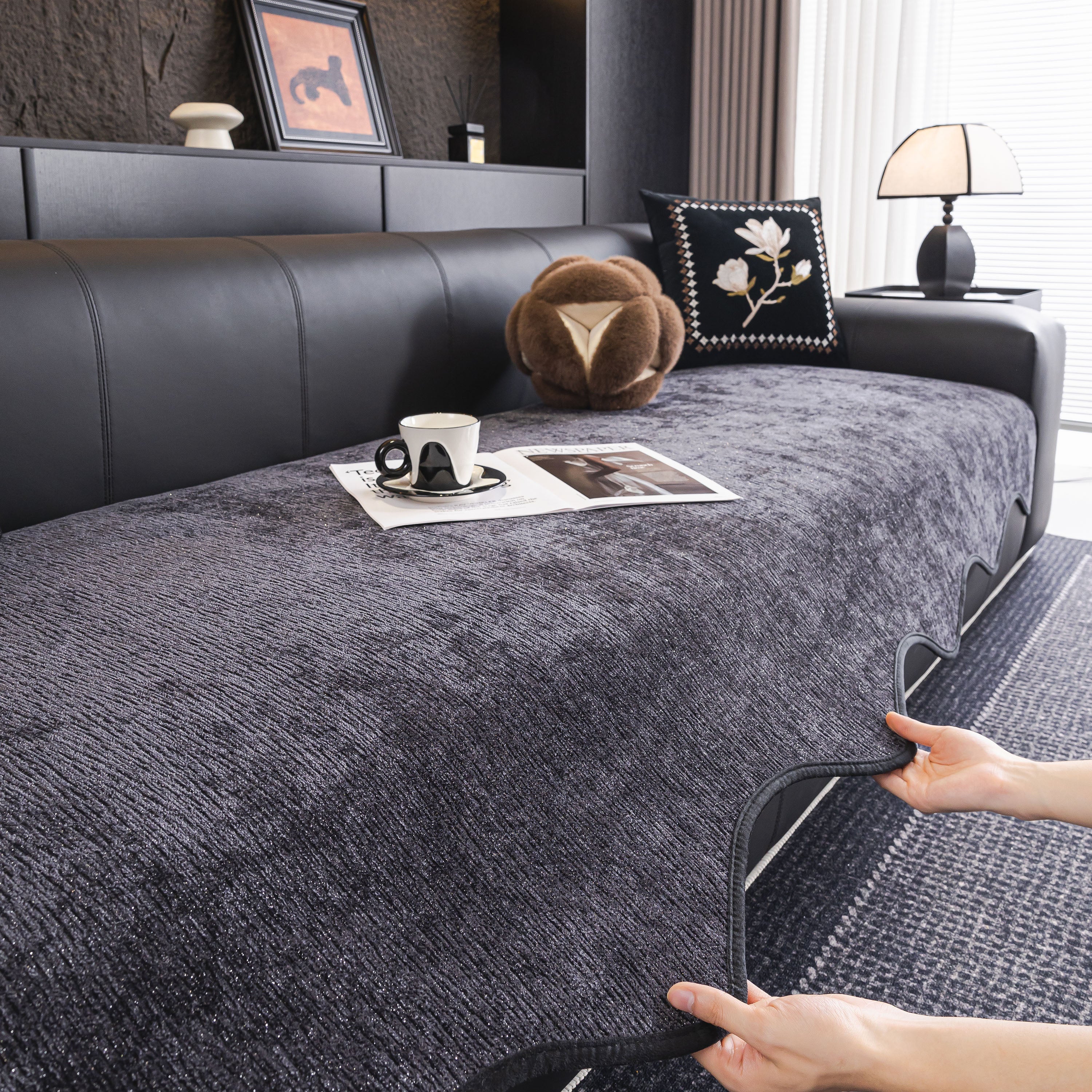 Chenille Couch Cover With Scalloped Edge, Non-slip Modular Slipcover Sectional