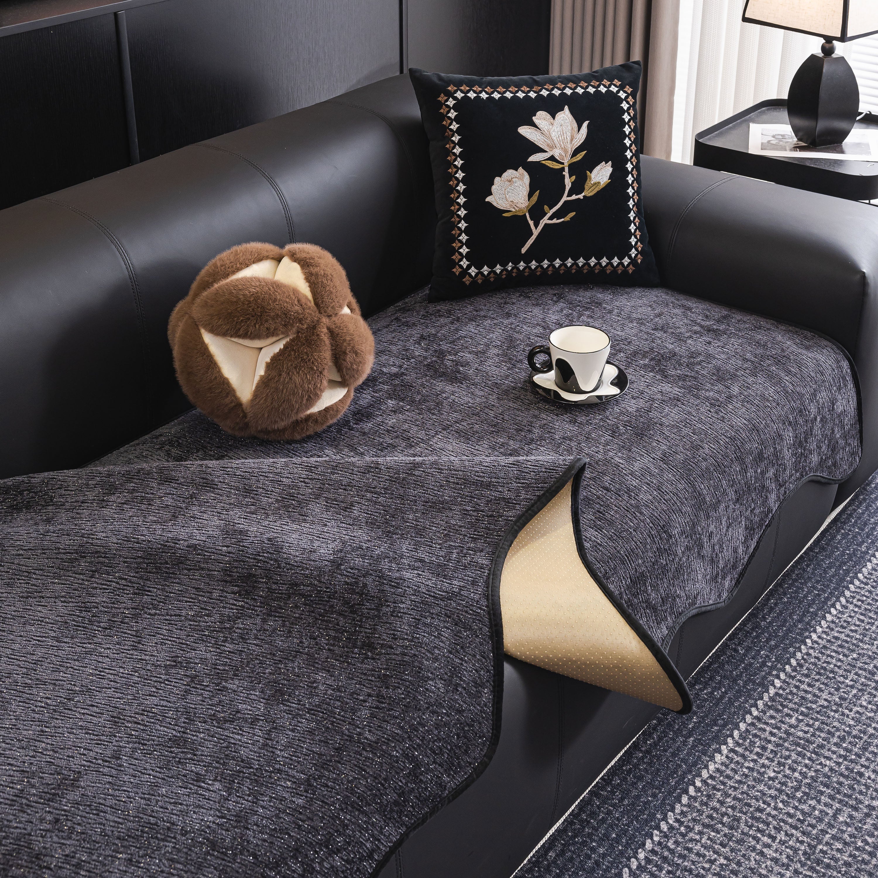 Chenille Couch Cover With Scalloped Edge, Non-slip Modular Slipcover Sectional