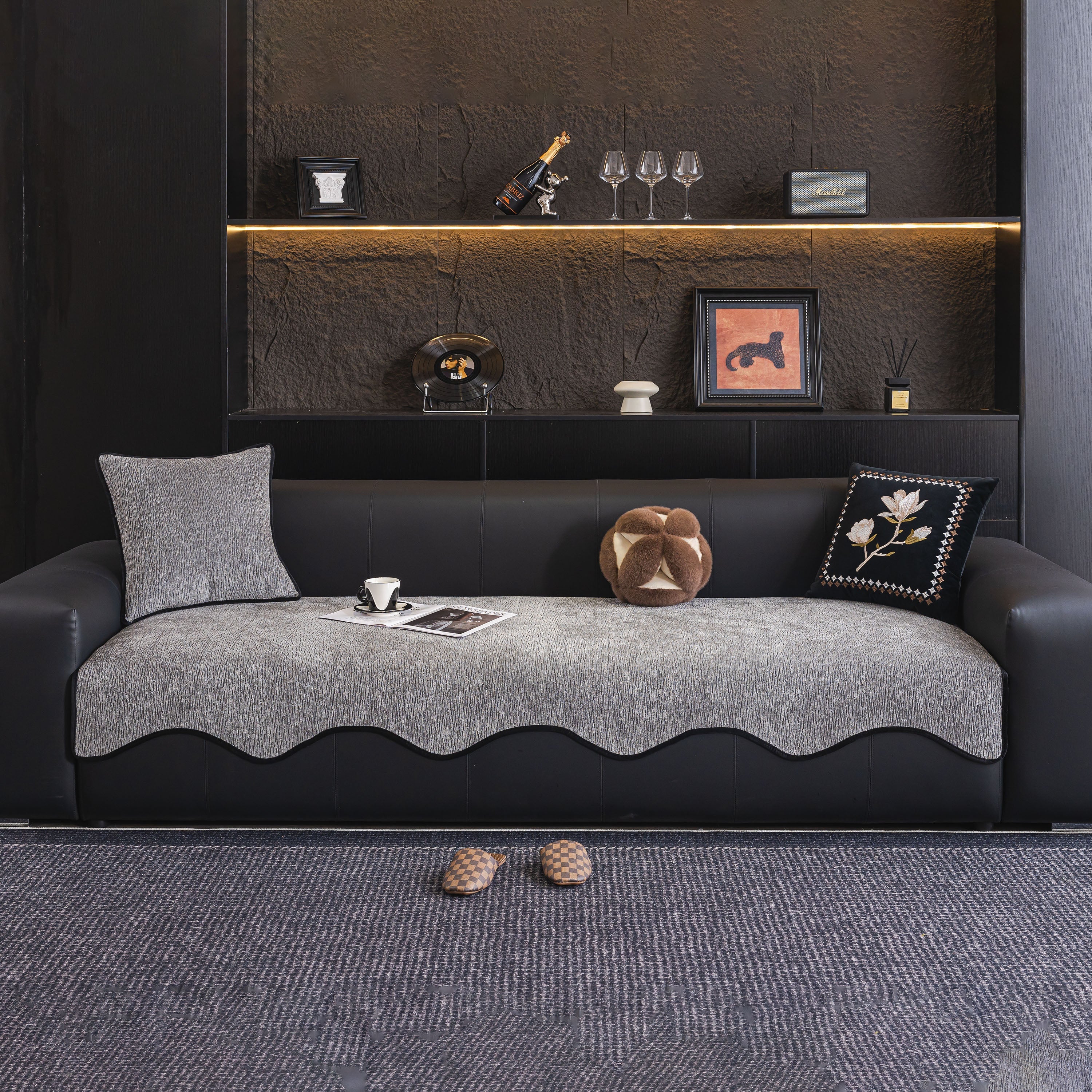 Chenille Couch Cover With Scalloped Edge, Non-slip Modular Slipcover Sectional