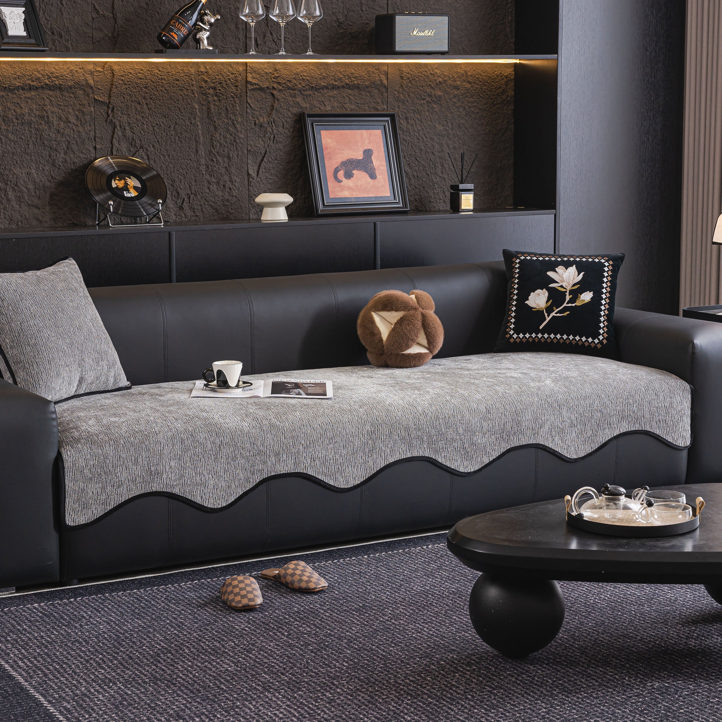 Chenille Couch Cover With Scalloped Edge, Non-slip Modular Slipcover Sectional