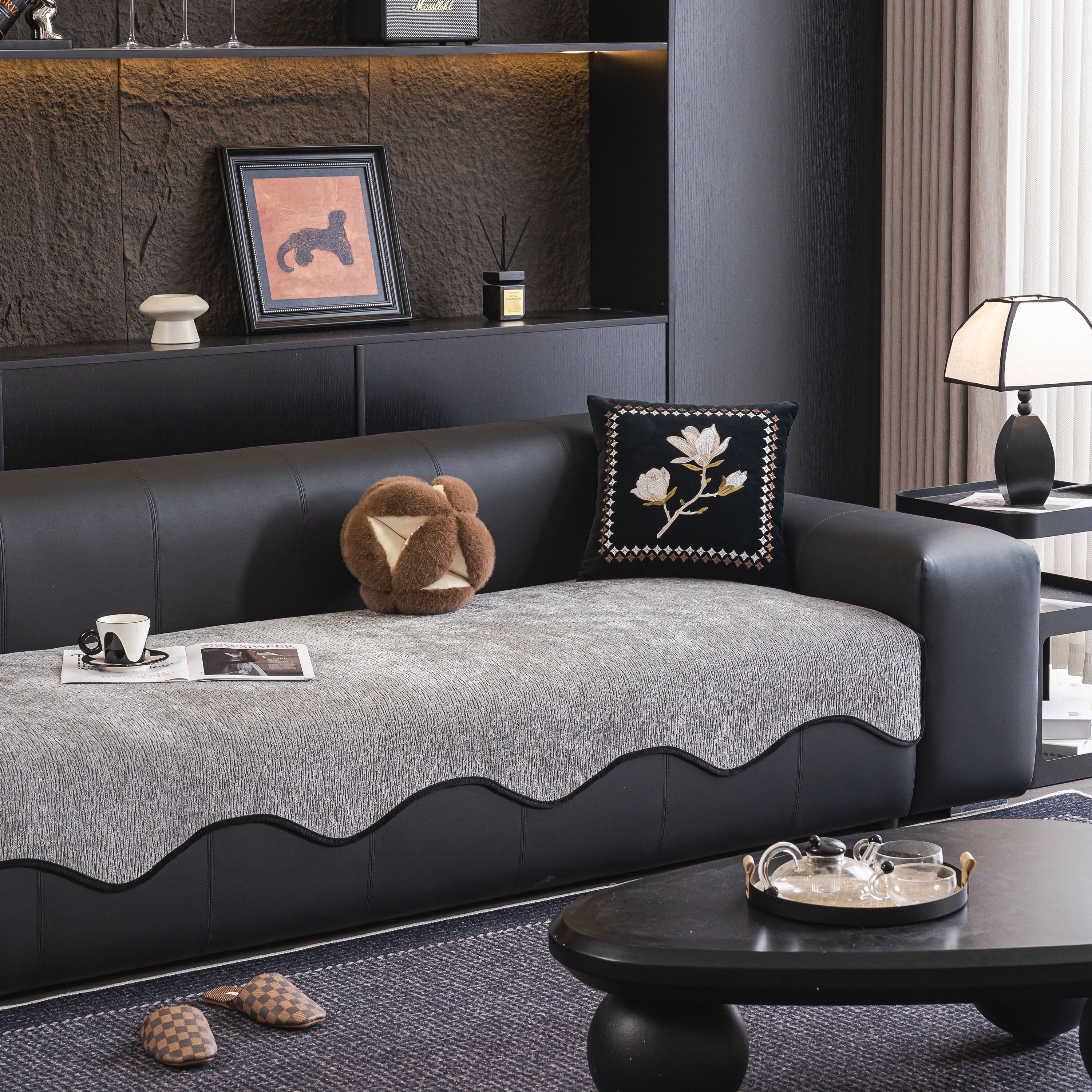 Chenille Couch Cover With Scalloped Edge, Non-slip Modular Slipcover Sectional