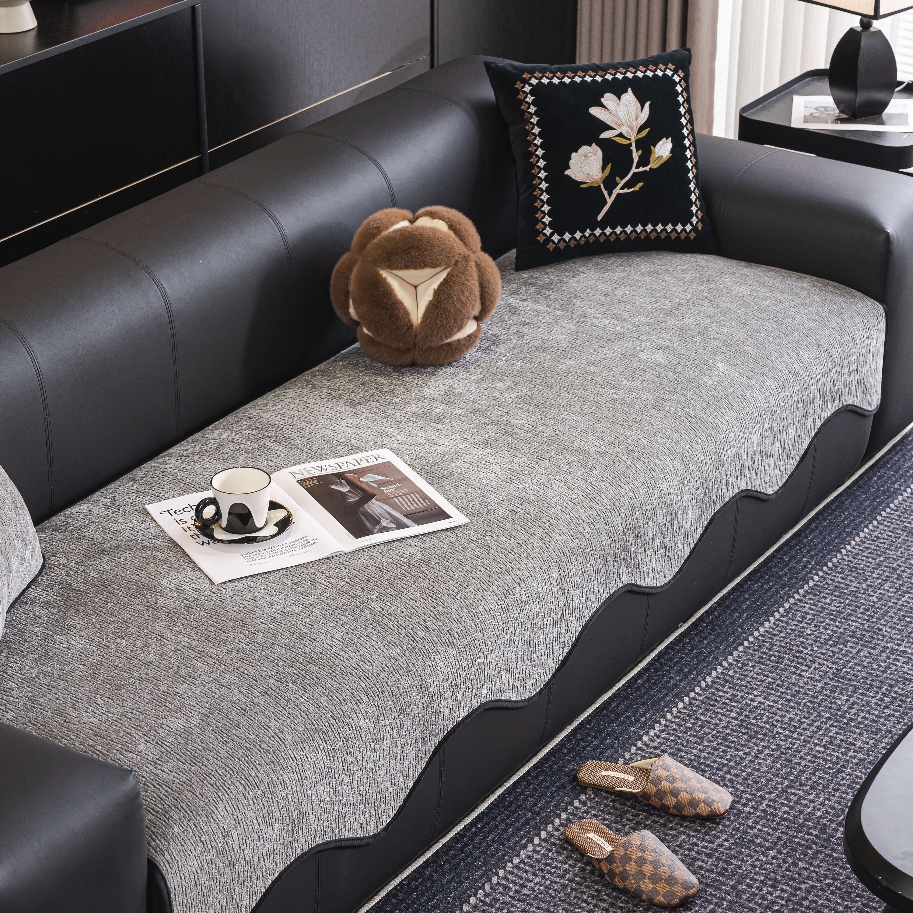 Chenille Couch Cover With Scalloped Edge, Non-slip Modular Slipcover Sectional