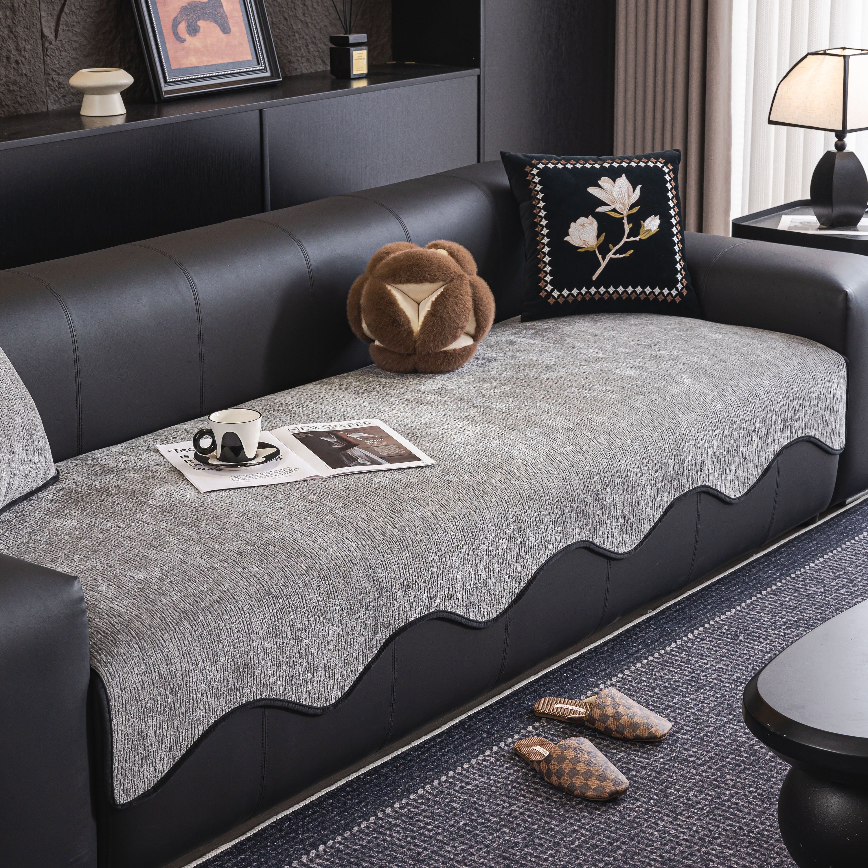 Chenille Couch Cover With Scalloped Edge, Non-slip Modular Slipcover Sectional