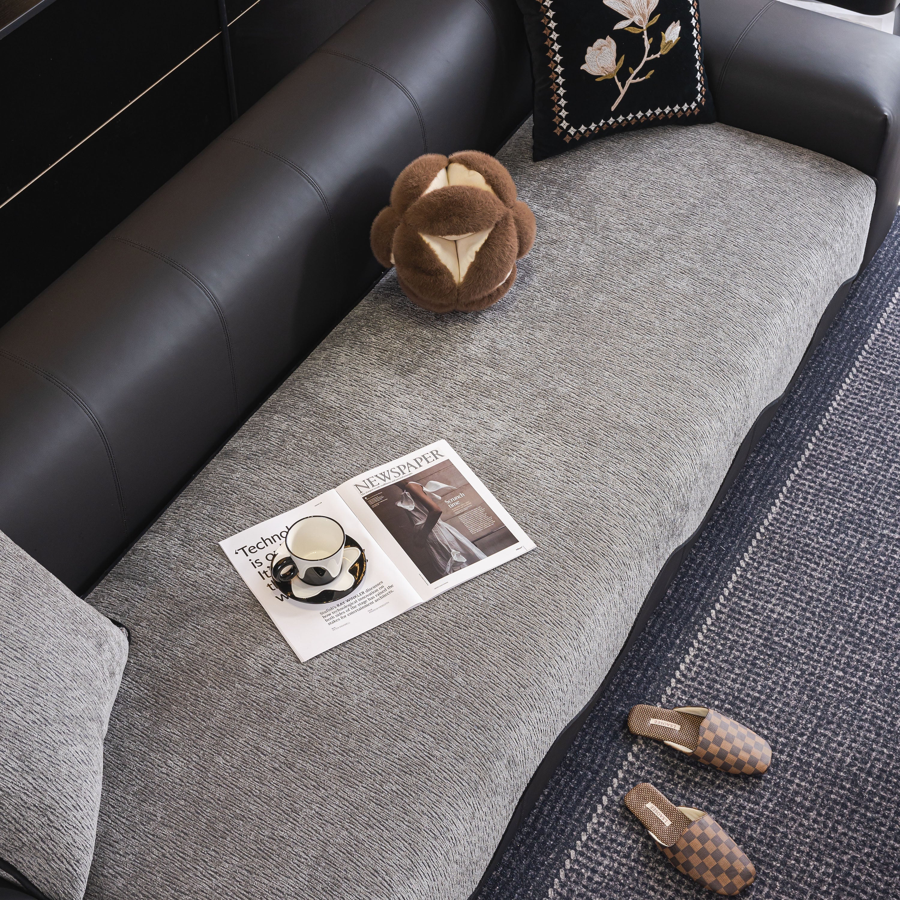 Chenille Couch Cover With Scalloped Edge, Non-slip Modular Slipcover Sectional